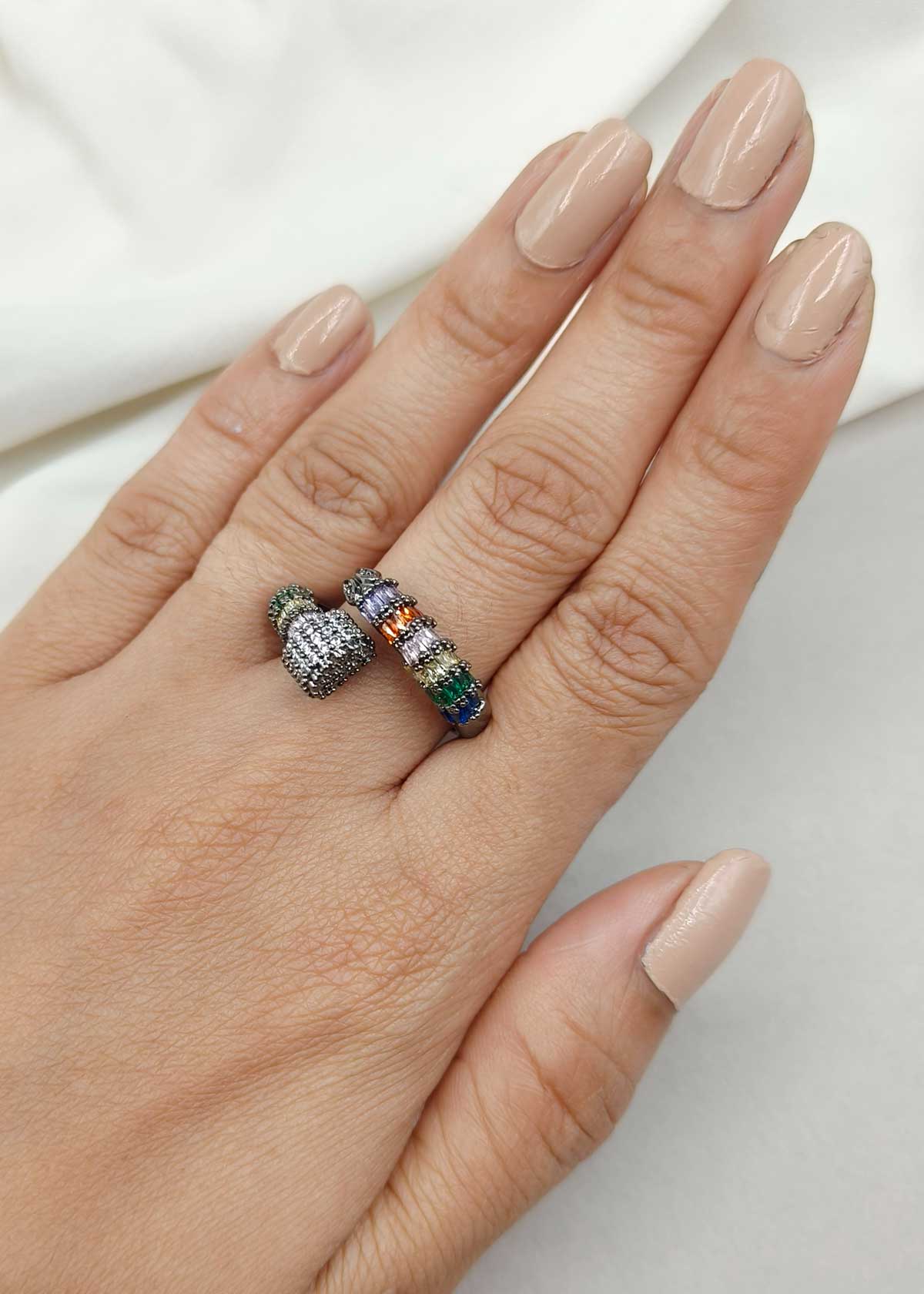 Unique Design Victorian Black Polish Multi Color Adjustable Ring For Women