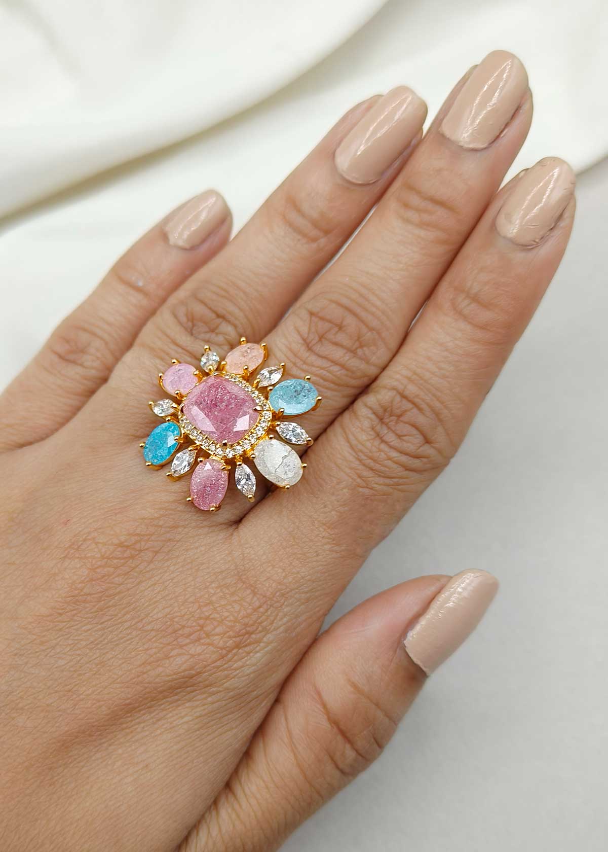 Pastel Multi Color Oval Center Floral Shape Adjustable Big Finger Ring For Women