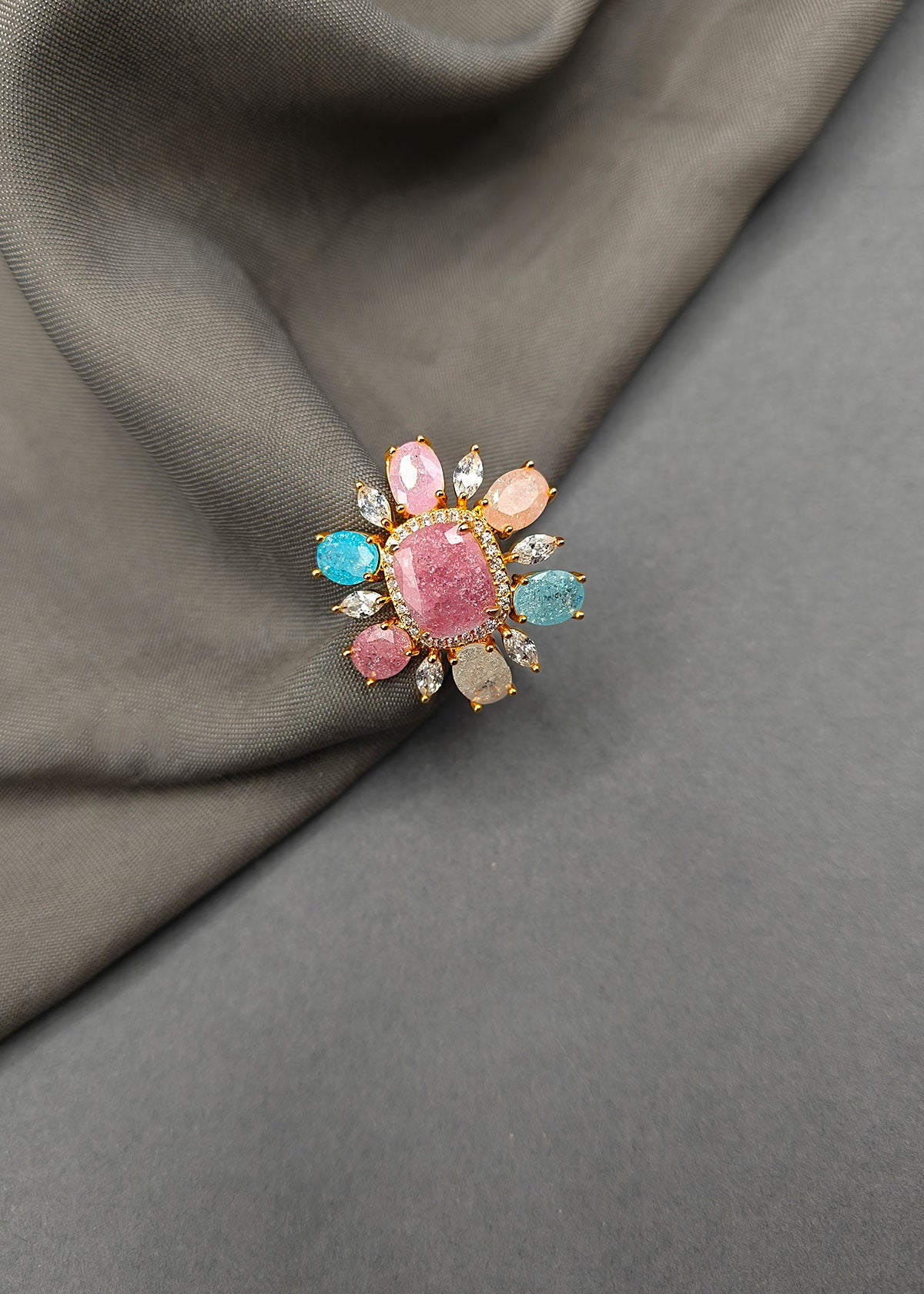 Pastel Multi Color Oval Center Floral Shape Adjustable Big Finger Ring For Women