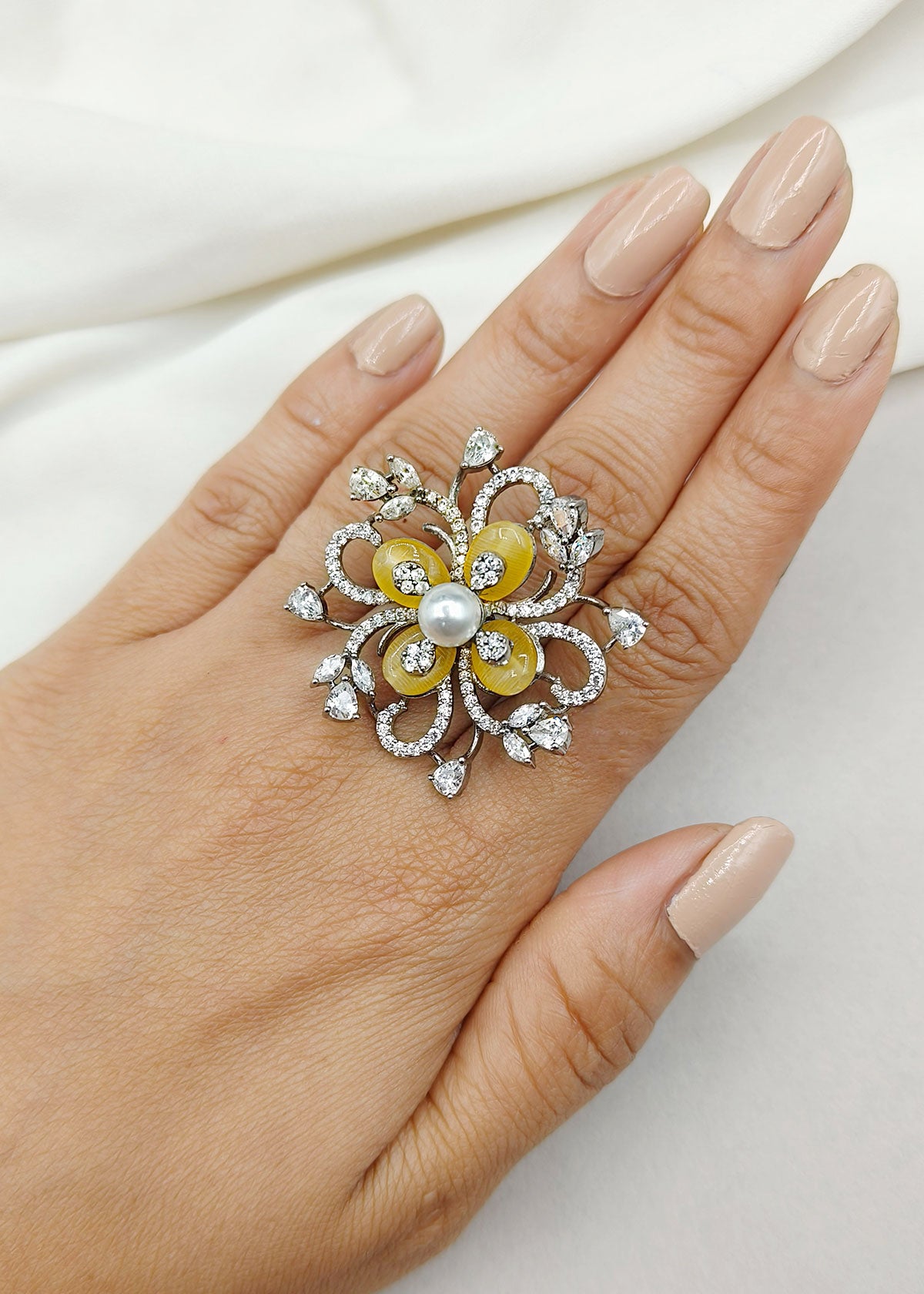 Big Fancy Yellow Floral Style Cubic Zircon With Center Pearl Adjustable Finger Ring For Women
