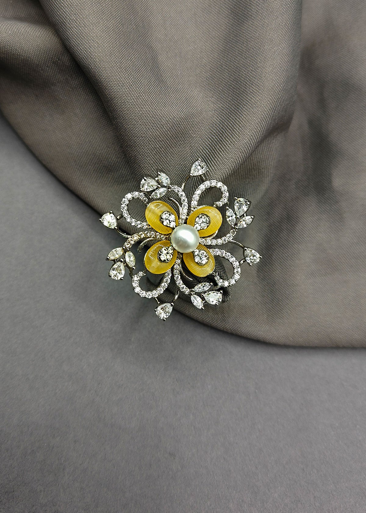 Big Fancy Yellow Floral Style Cubic Zircon With Center Pearl Adjustable Finger Ring For Women