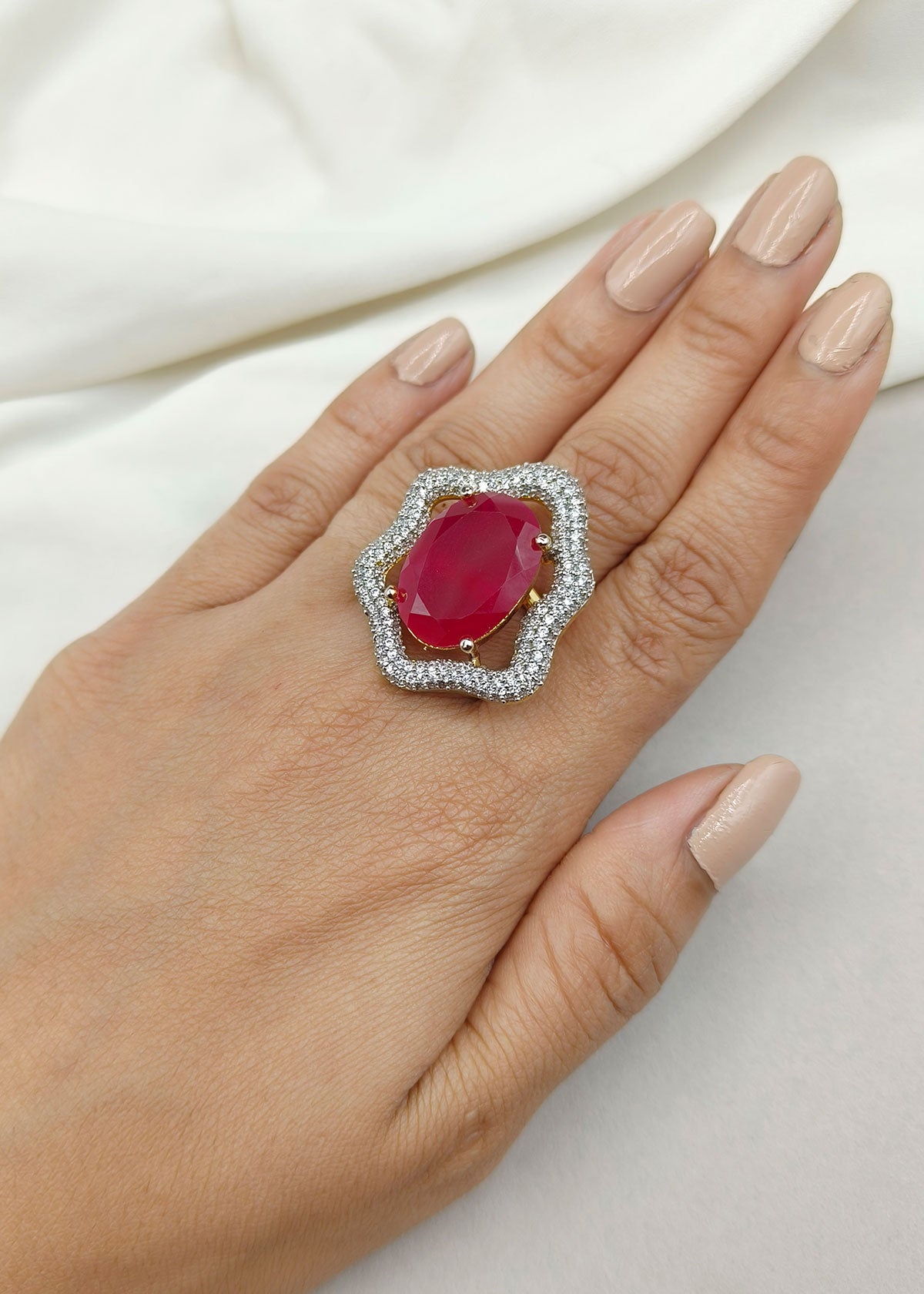 Exquisite Floral Big Ruby Stone Cubic Zircon Adjustable Finger Ring For Women
