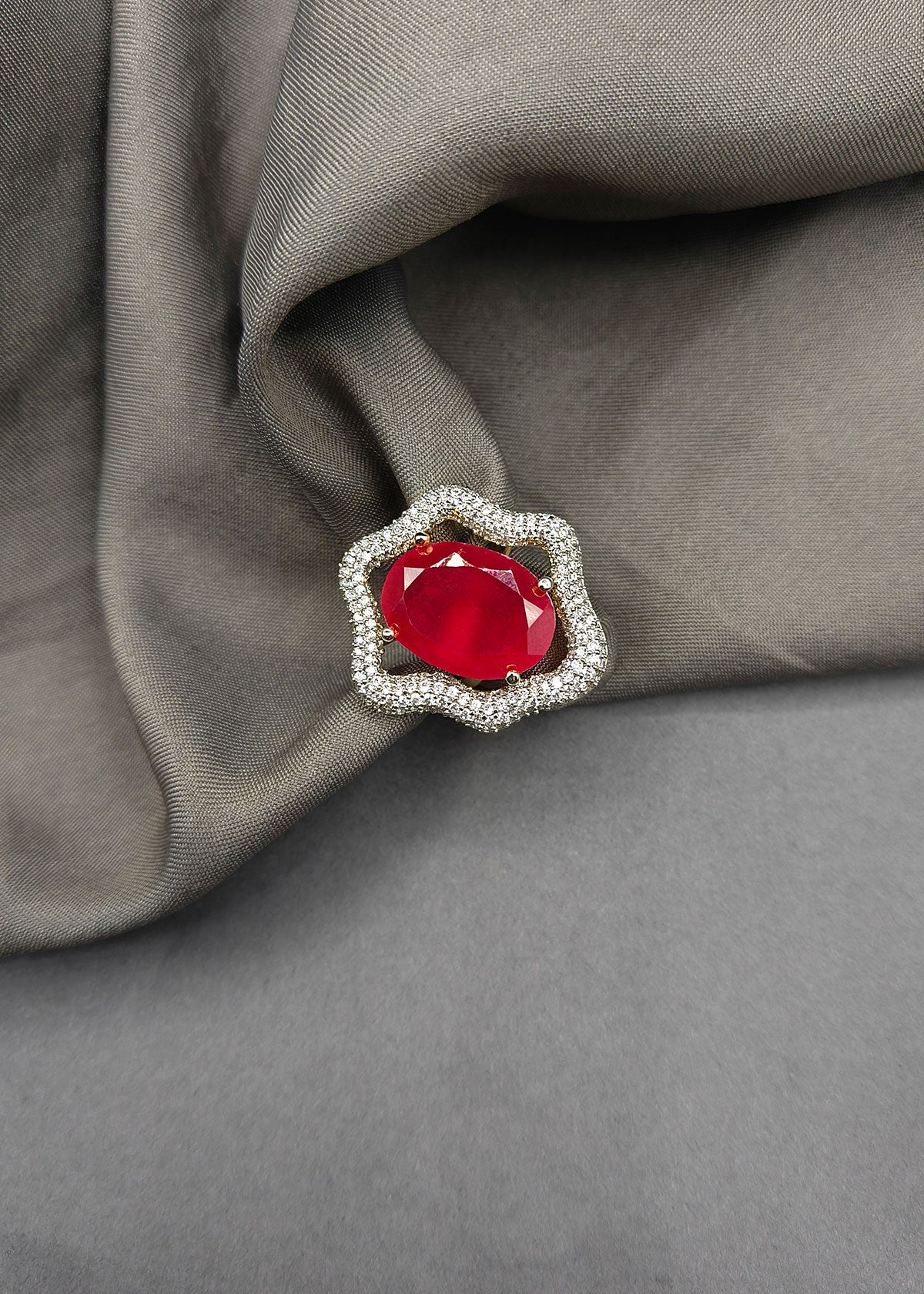 Exquisite Floral Big Ruby Stone Cubic Zircon Adjustable Finger Ring For Women
