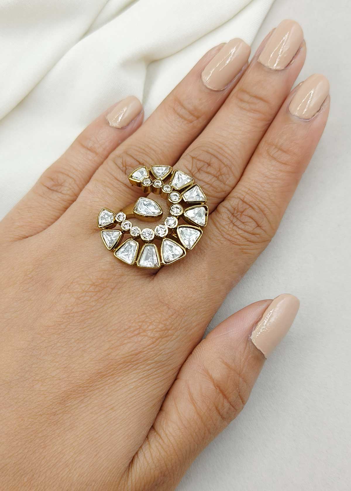Kundan Polki C Shape Adjustable Big Finger Ring For Women