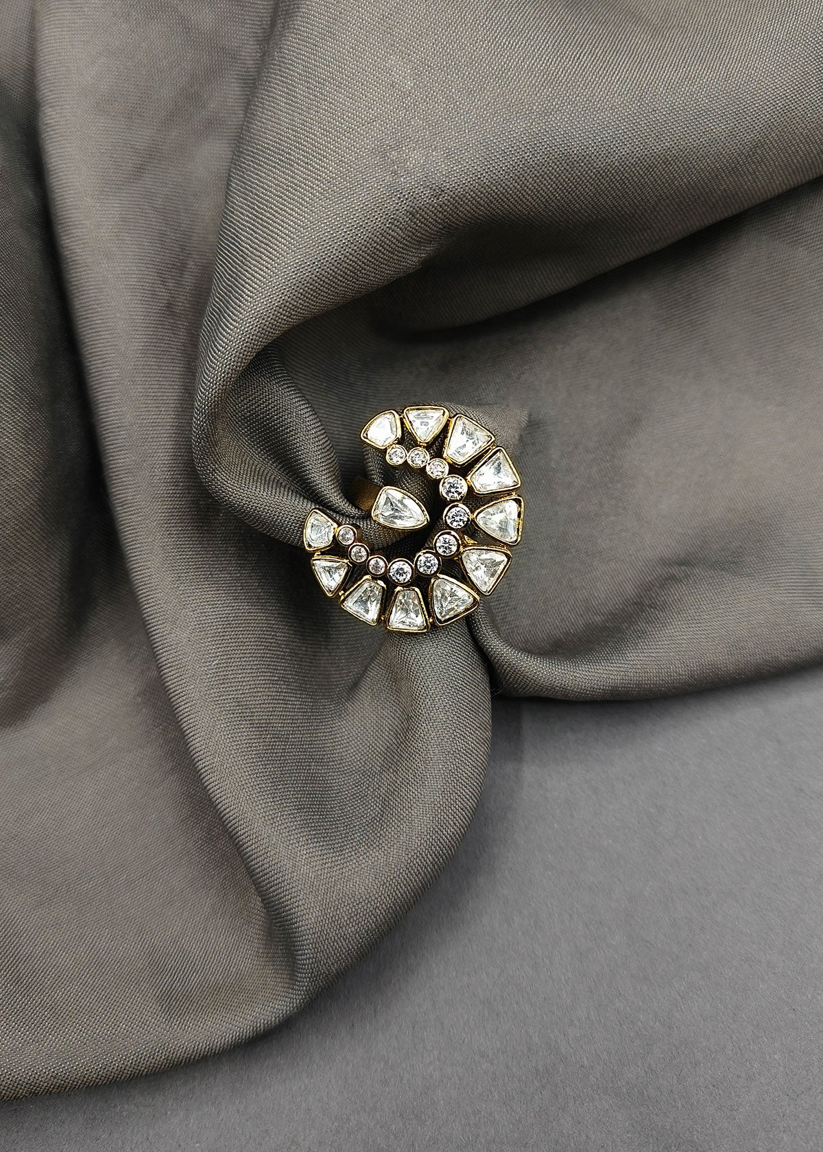 Kundan Polki C Shape Adjustable Big Finger Ring For Women