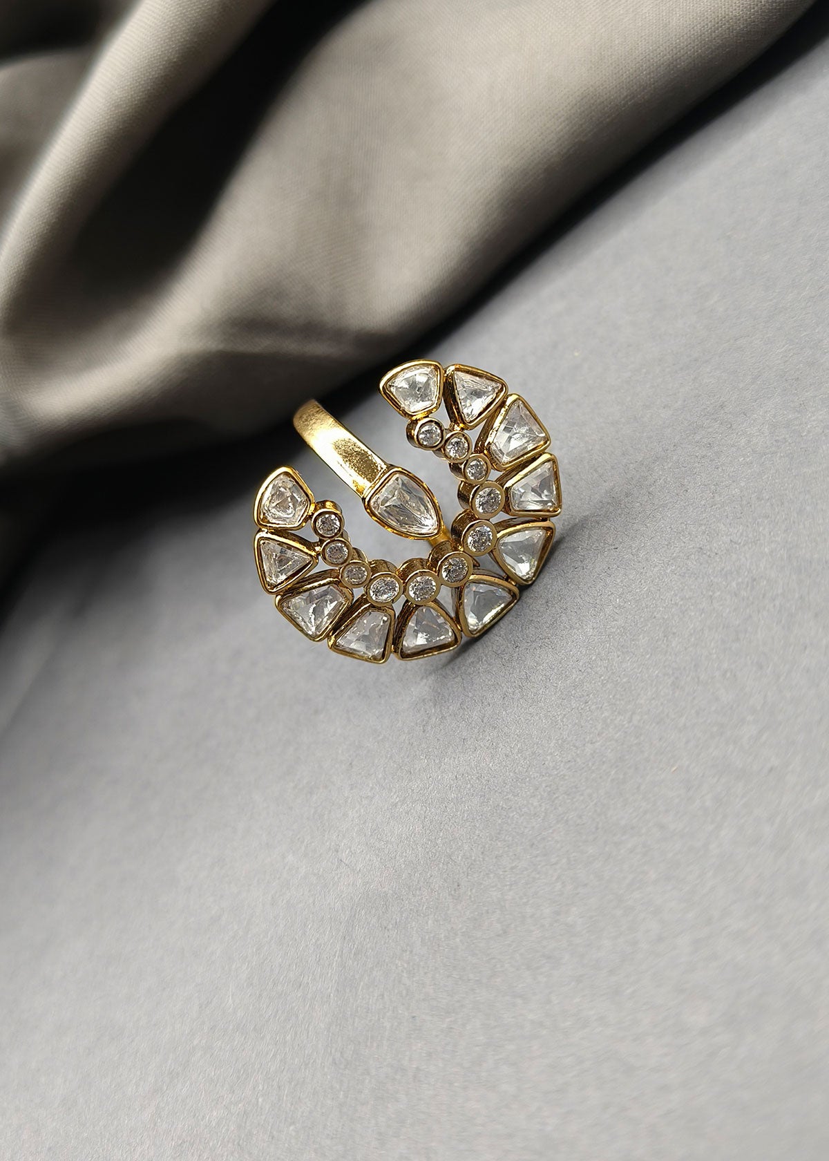 Kundan Polki C Shape Adjustable Big Finger Ring For Women