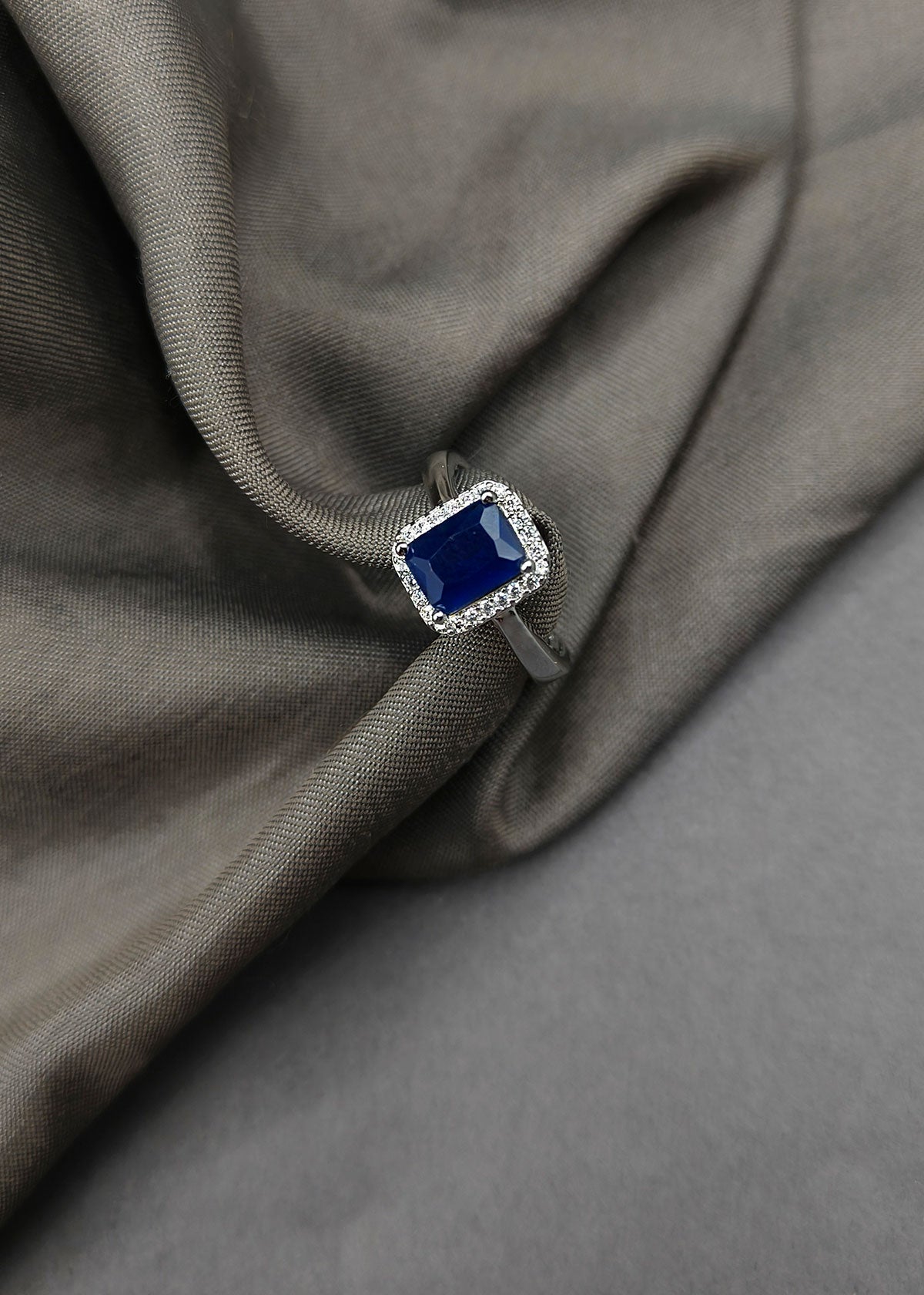 Blue Sapphire Stone Cubic Zircon Silver Plated Adjustable Delicate Finger Ring For Women