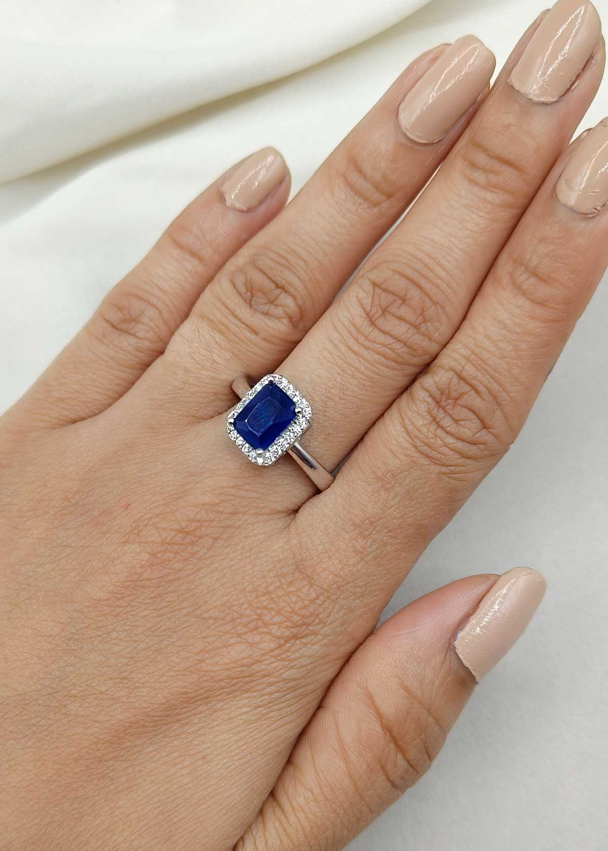 Blue Sapphire Stone Cubic Zircon Silver Plated Adjustable Delicate Finger Ring For Women