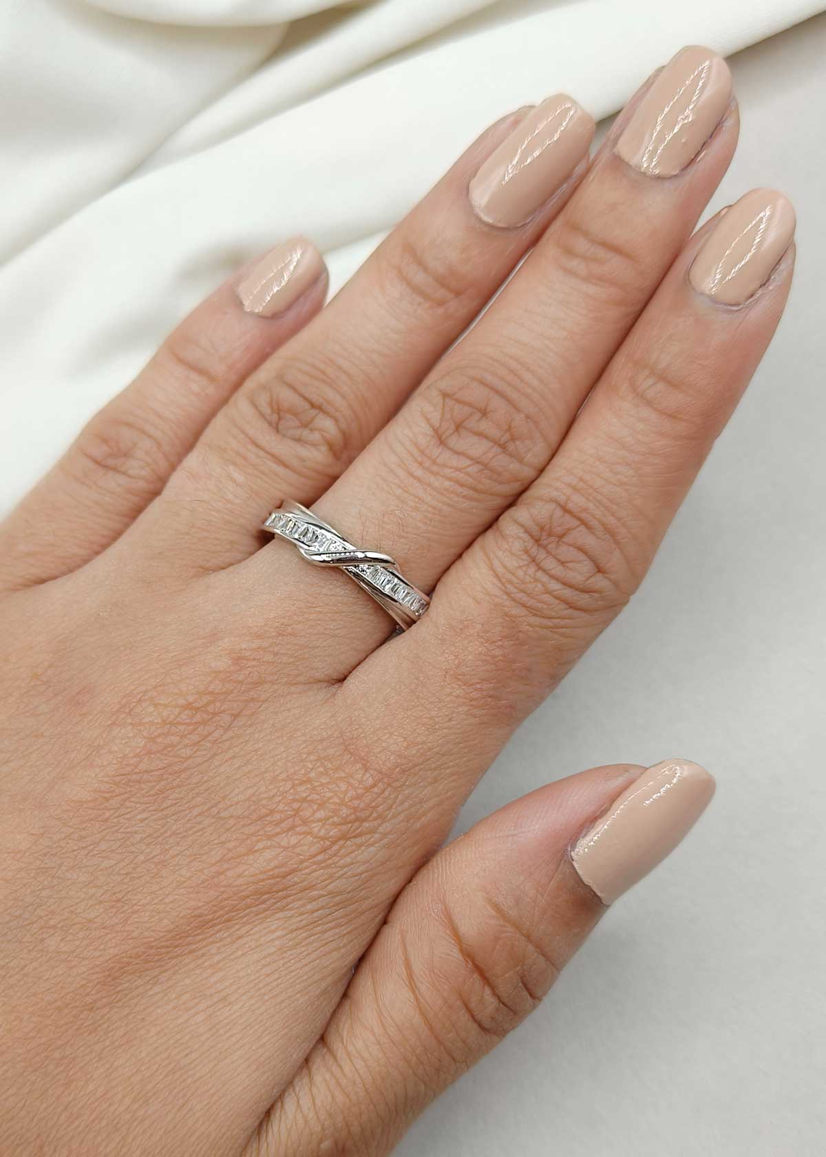 92.5 Sterling Silver Twisted Pave Adjustable Finger Ring For Women