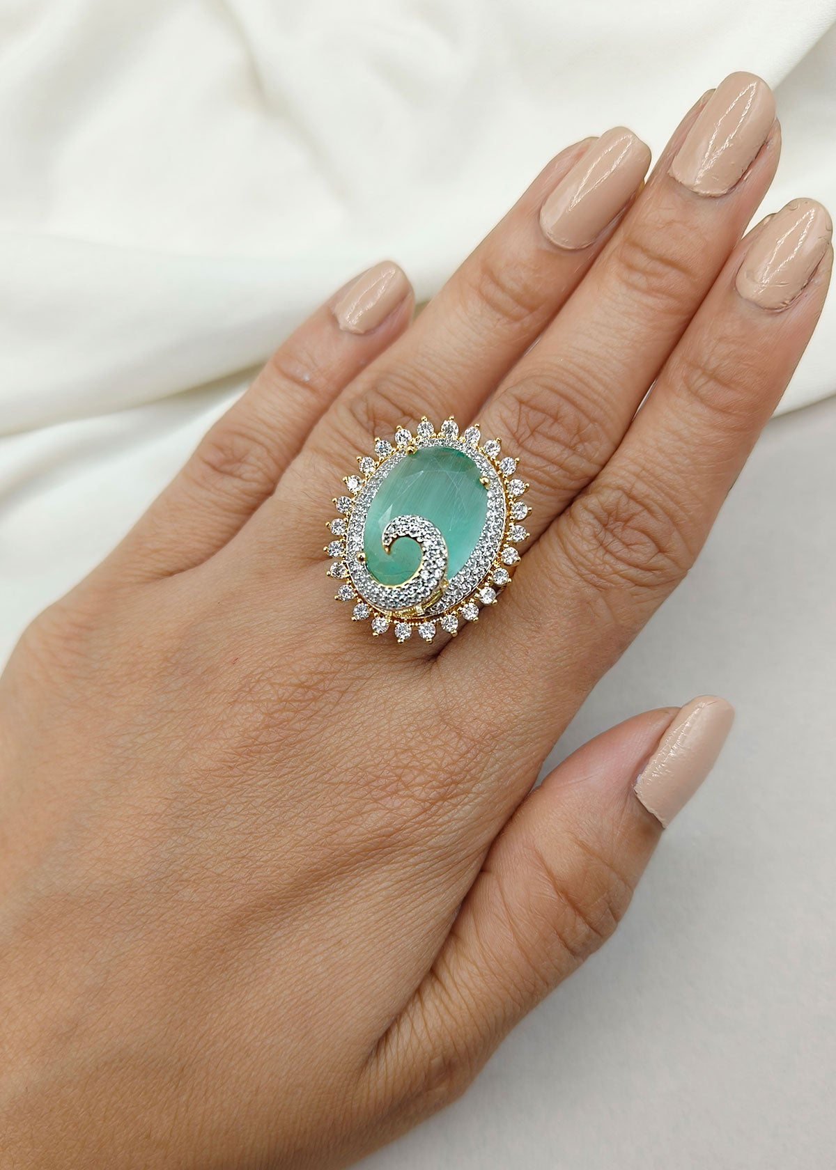 Cubic Zircon Studded Pastel Oval Shape Adjustable Big Finger Ring For Women
