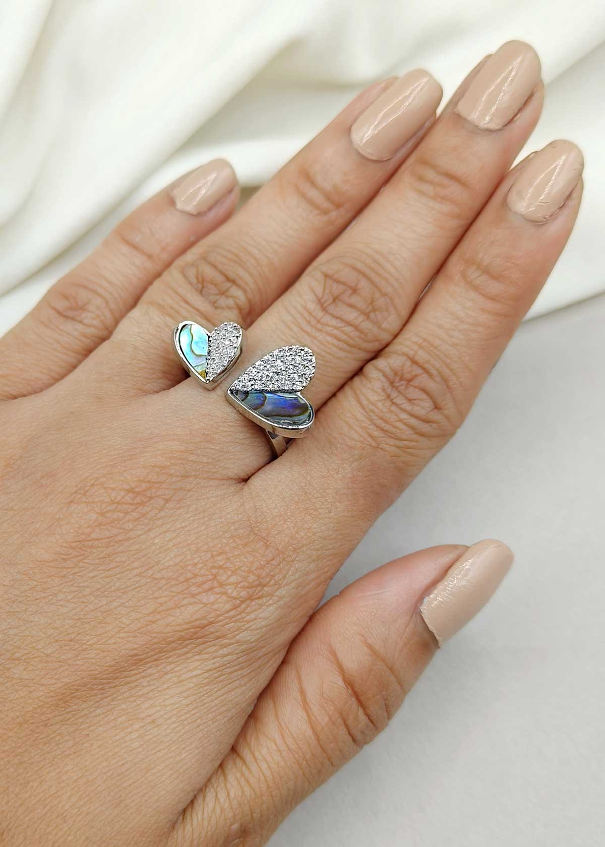 Cubic Zircon Mother of Pearl Two Hearts Design Adjustable Finger Ring For Women