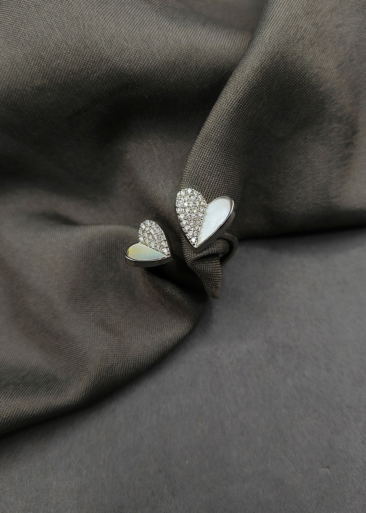 Cubic Zircon Mother of Pearl Two Hearts Design Adjustable Finger Ring For Women