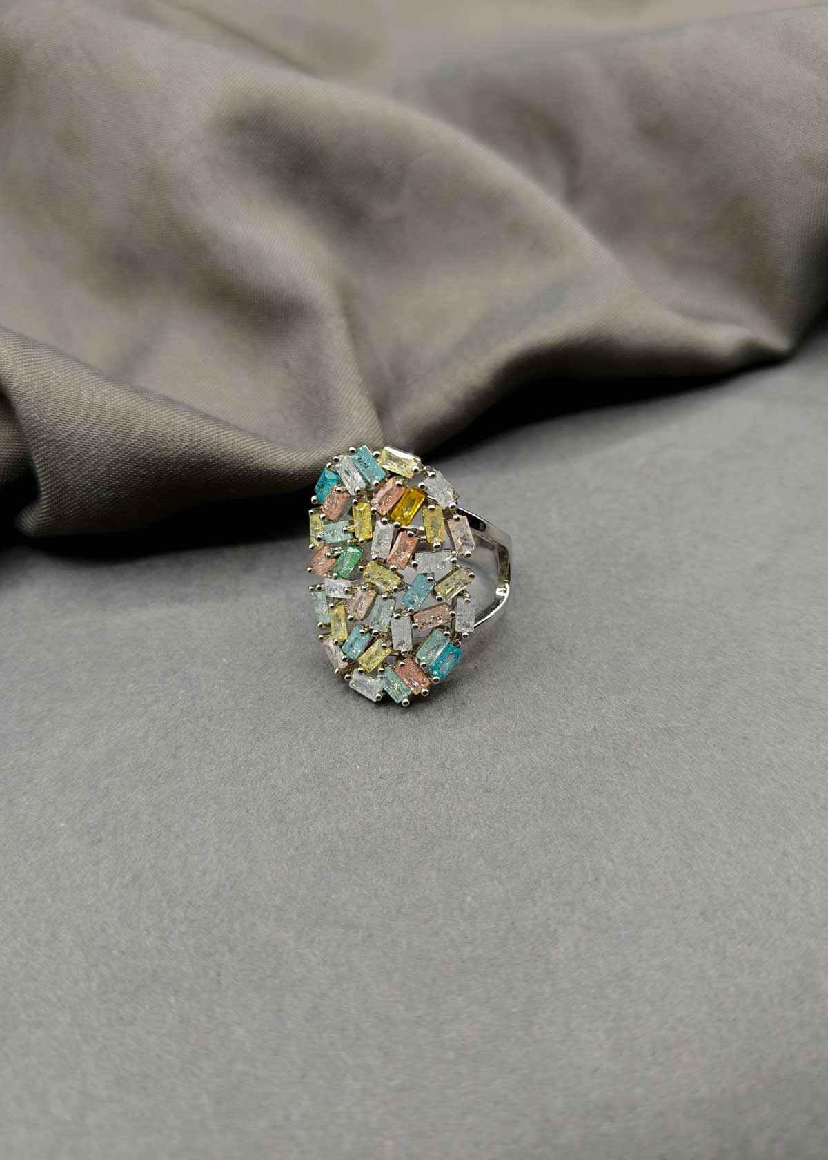 Pastel Multi Color Baguette Oval Shape Adjustable Big Finger Ring For Women
