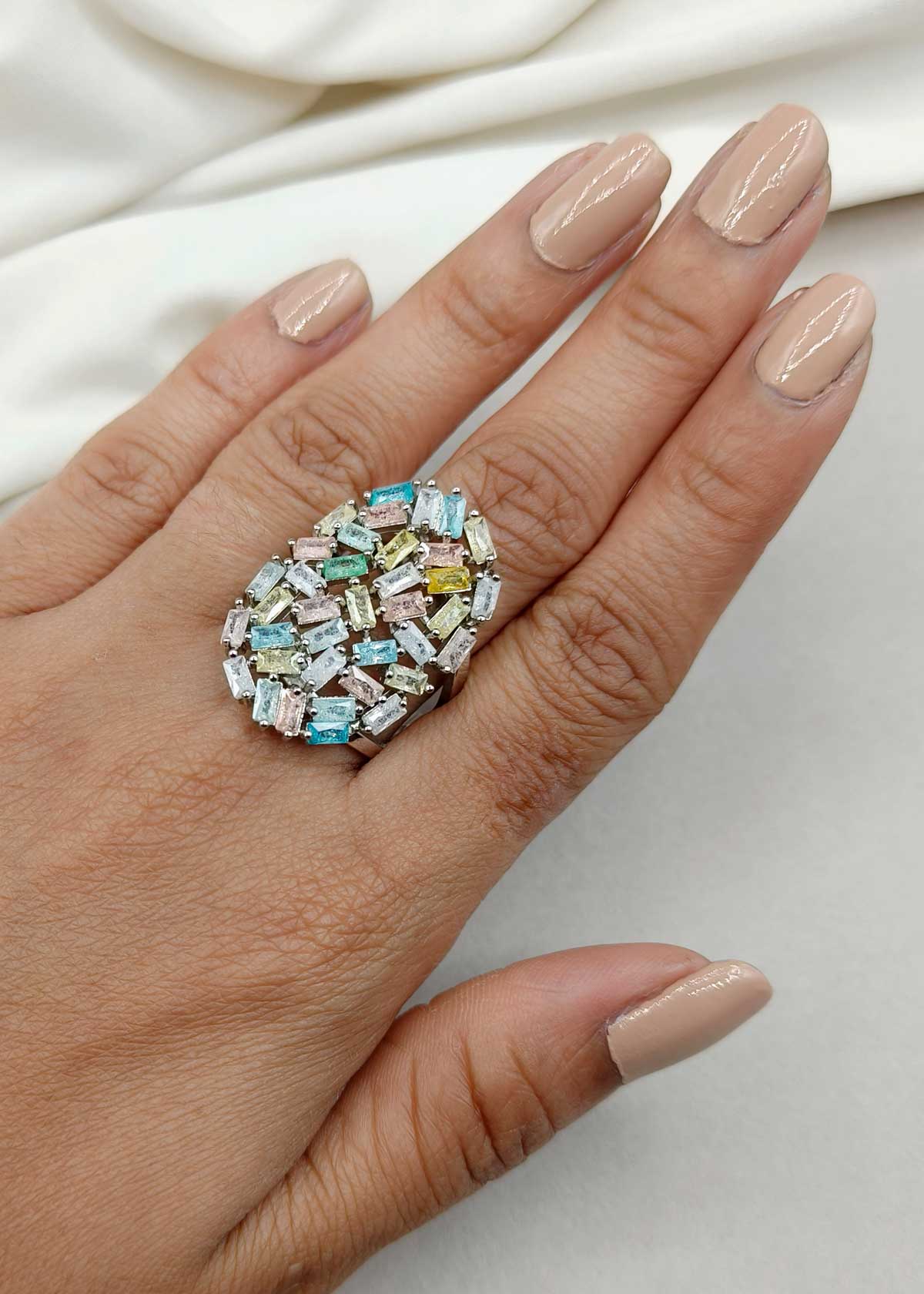 Pastel Multi Color Baguette Oval Shape Adjustable Big Finger Ring For Women