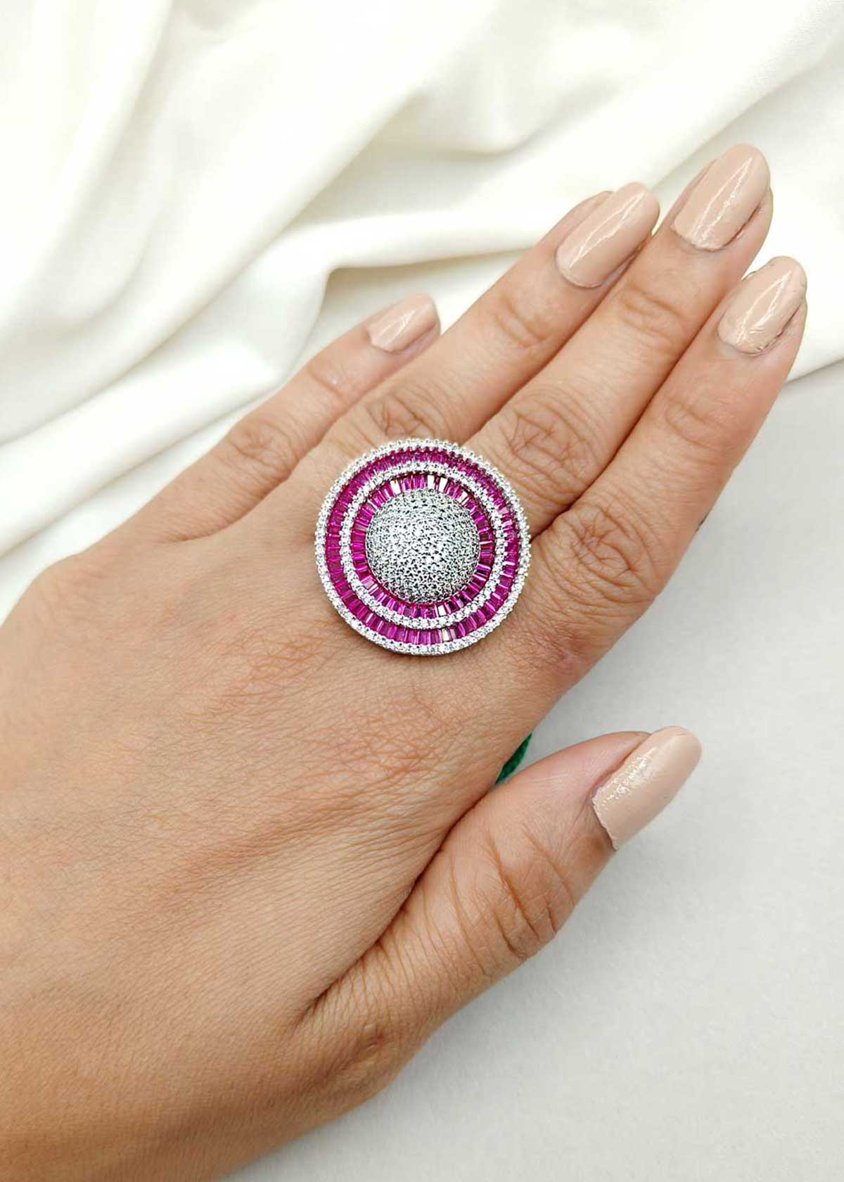 Stunning Big Circular Design Zircon Adjustable Finger Ring For Women