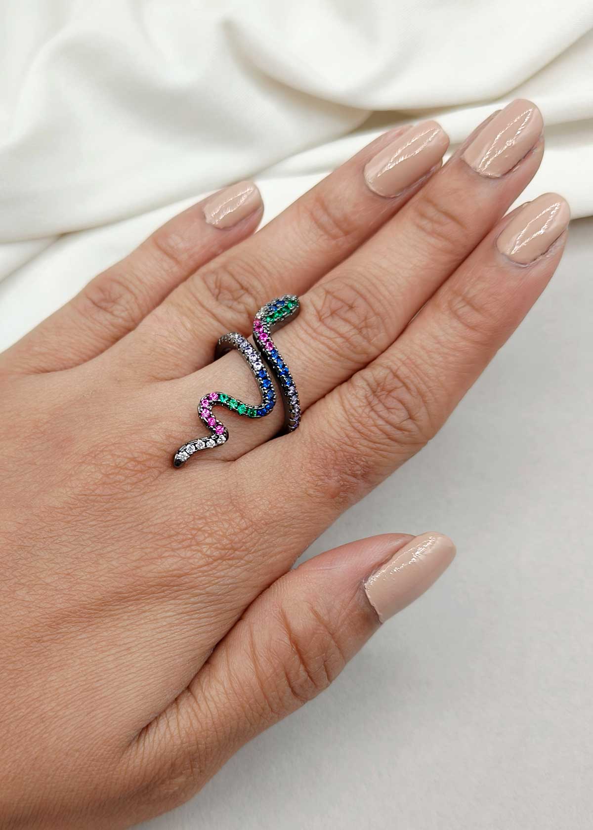 Black Polish Multi Color Stone Snake Inspired Adjustable Finger Ring For Women