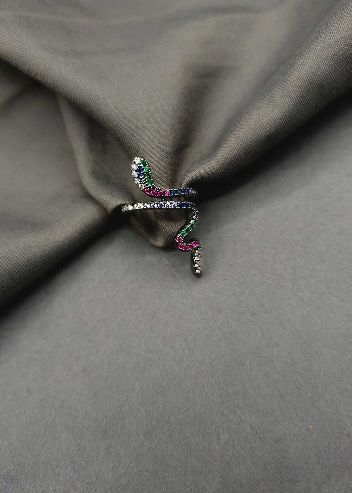 Black Polish Multi Color Stone Snake Inspired Adjustable Finger Ring For Women