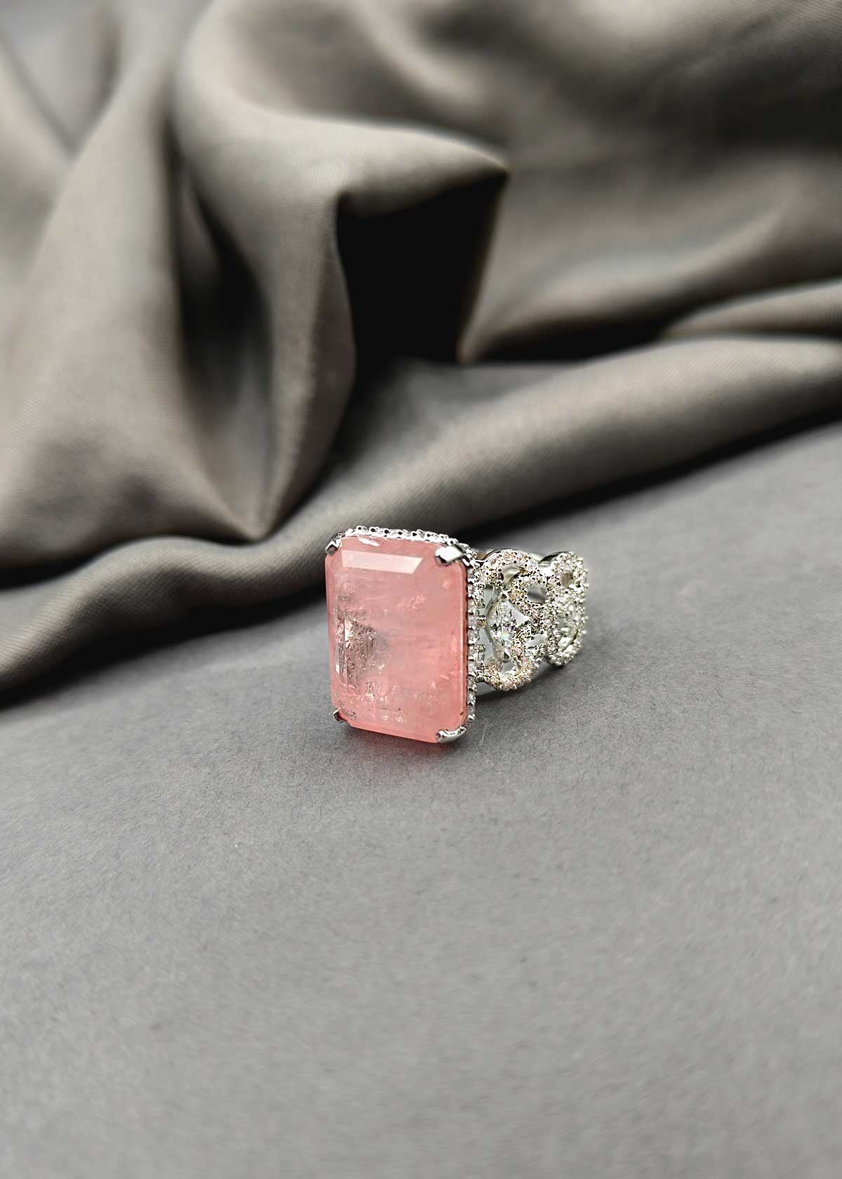 Glamorous Pastel Pink Big Stone Cubic Zircon Adjustable Finger Ring For Women