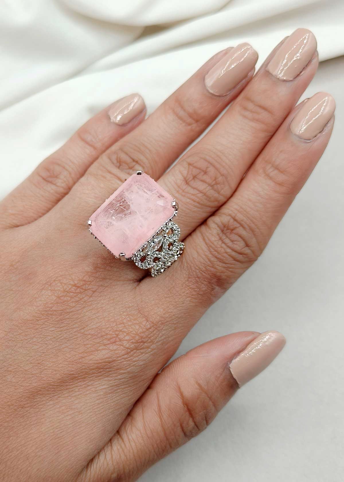 Glamorous Pastel Pink Big Stone Cubic Zircon Adjustable Finger Ring For Women