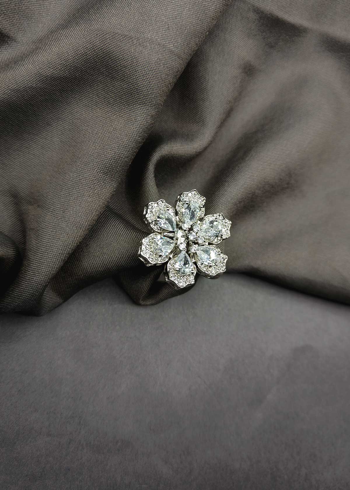 Cubic Zircon Six Petal Flower Design Adjustable Big Finger Ring For Women