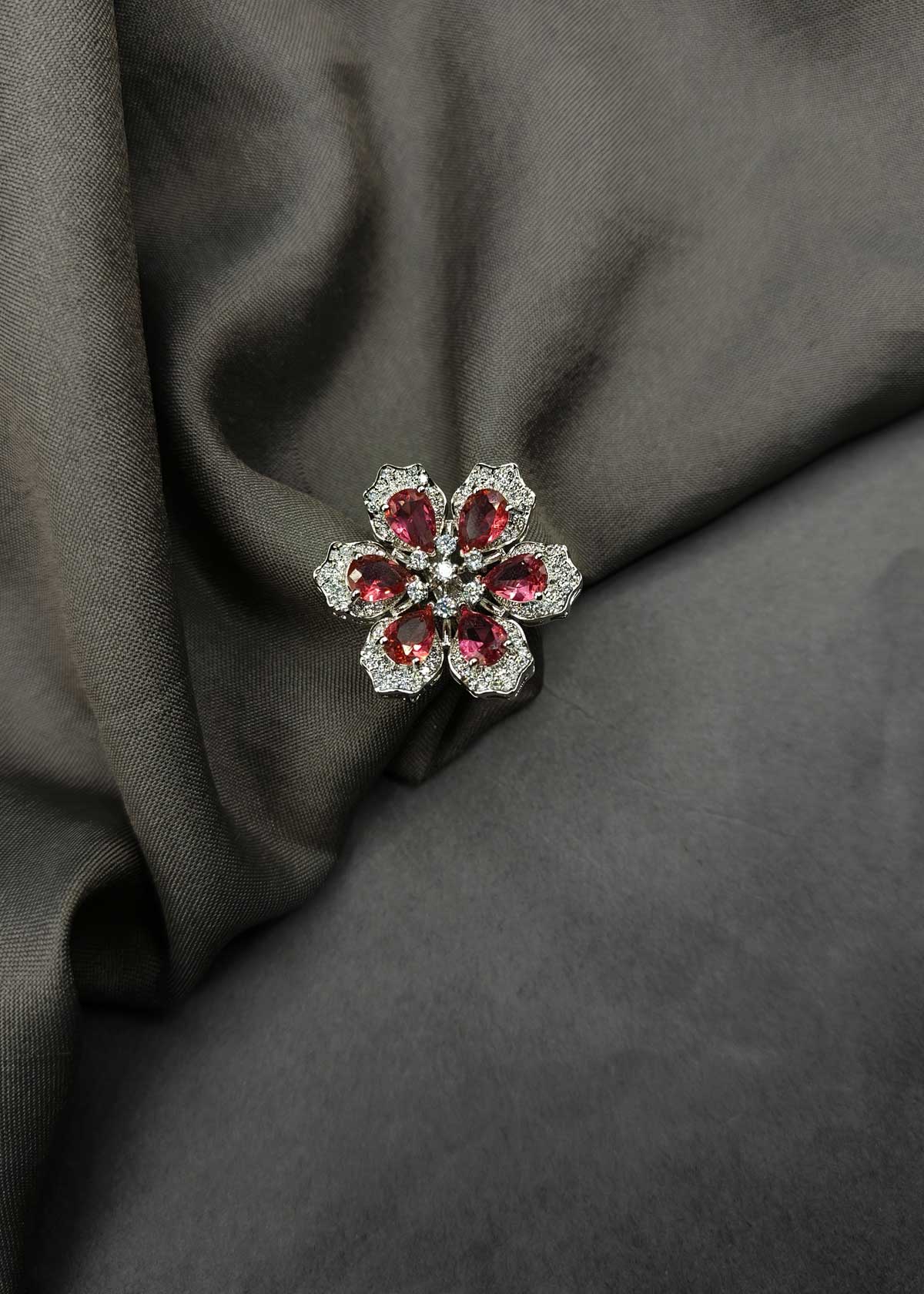 Cubic Zircon Six Petal Flower Design Adjustable Big Finger Ring For Women