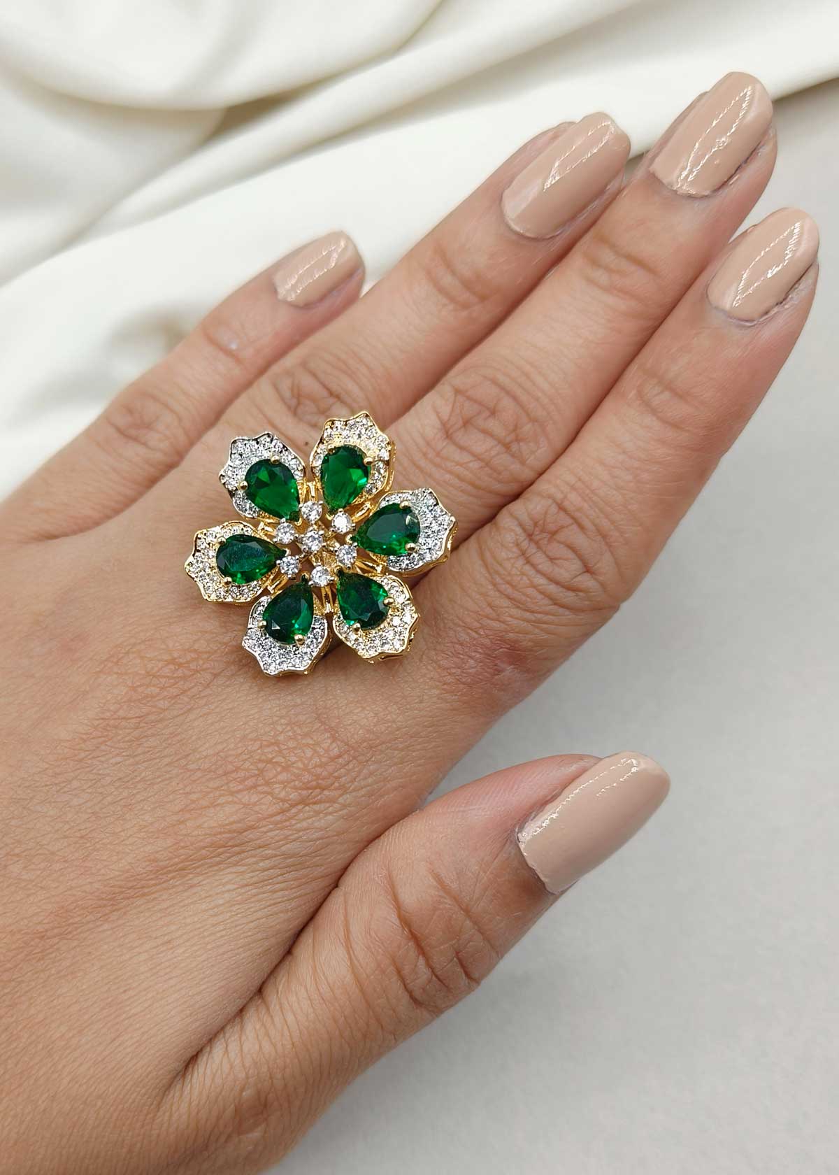 Cubic Zircon Six Petal Flower Design Adjustable Big Finger Ring For Women