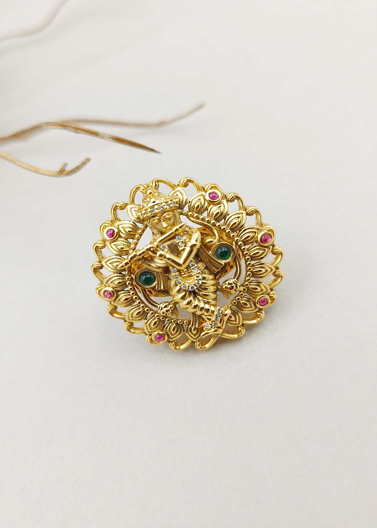 Traditional Temple Style Krishna Adjustable Big Finger Ring For Women