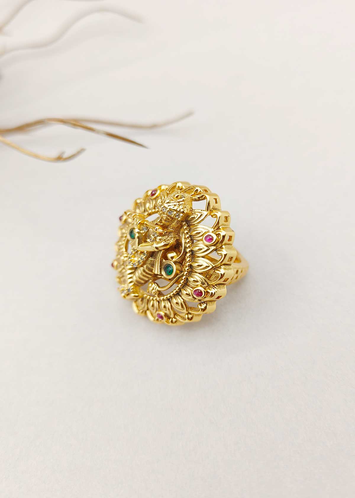 Traditional Temple Style Krishna Adjustable Big Finger Ring For Women