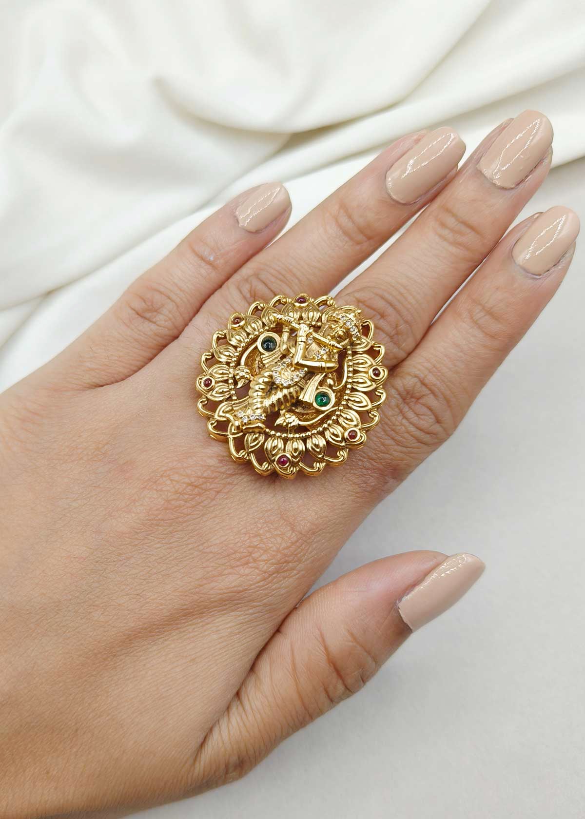 Traditional Temple Style Krishna Adjustable Big Finger Ring For Women