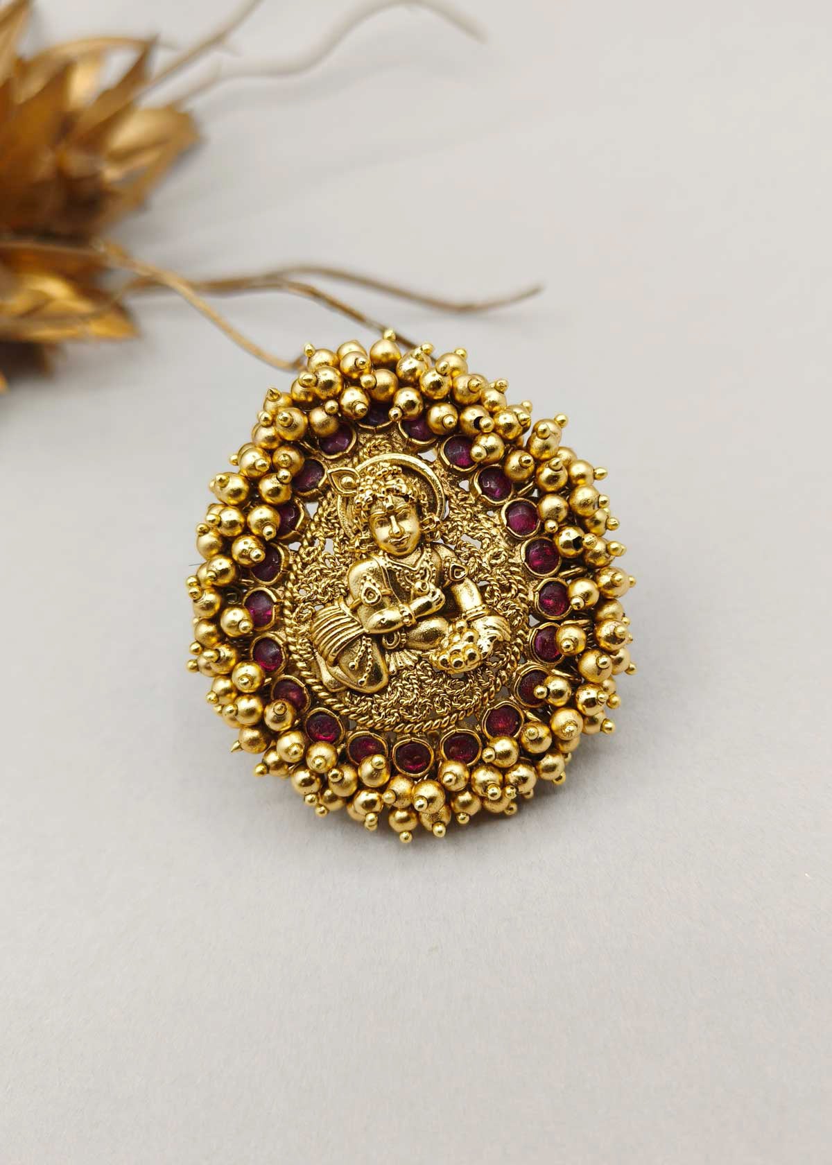 Traditional Krishna Temple Antique Gold Adjustable Big Finger Ring For Women