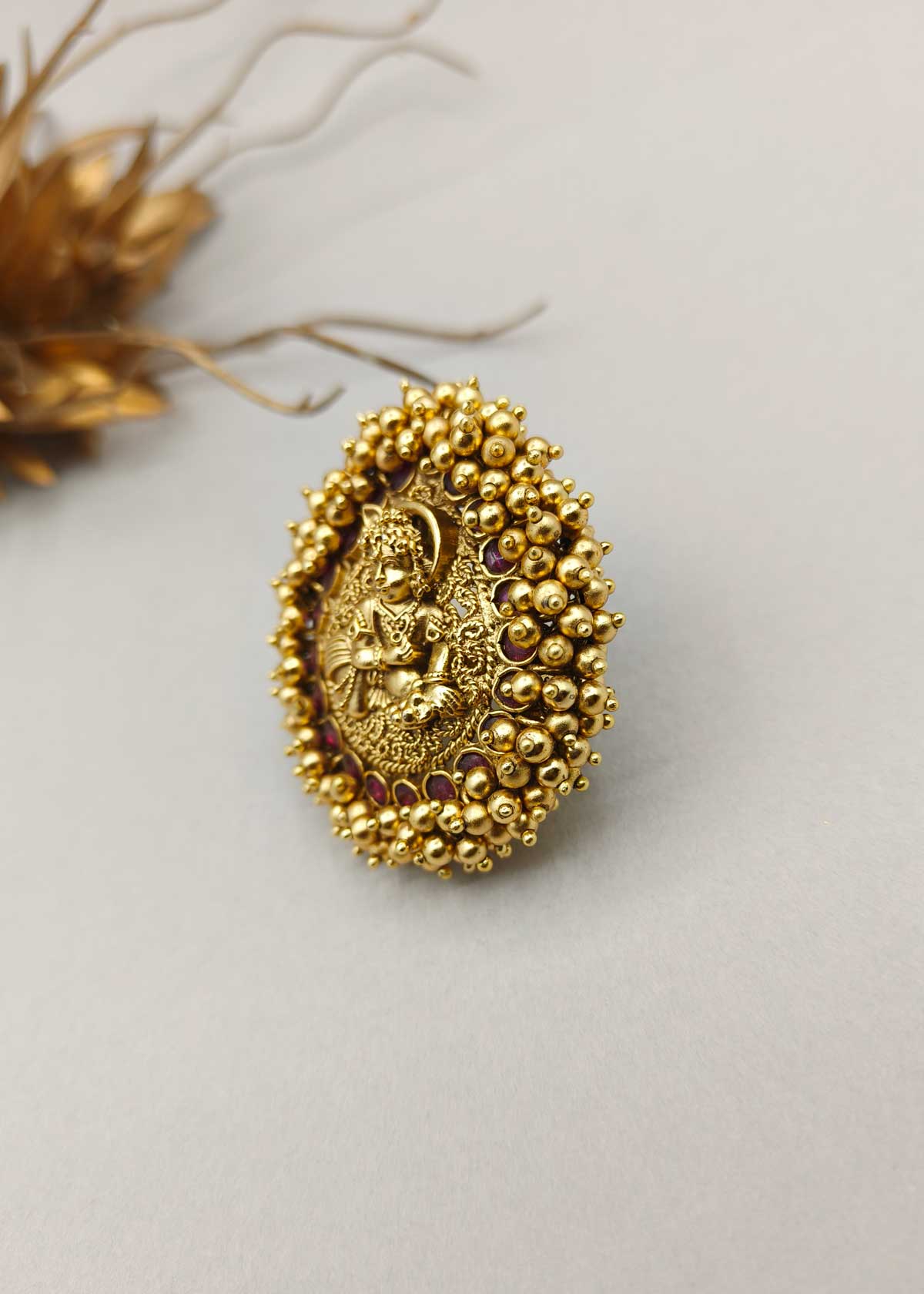 Traditional Krishna Temple Antique Gold Adjustable Big Finger Ring For Women