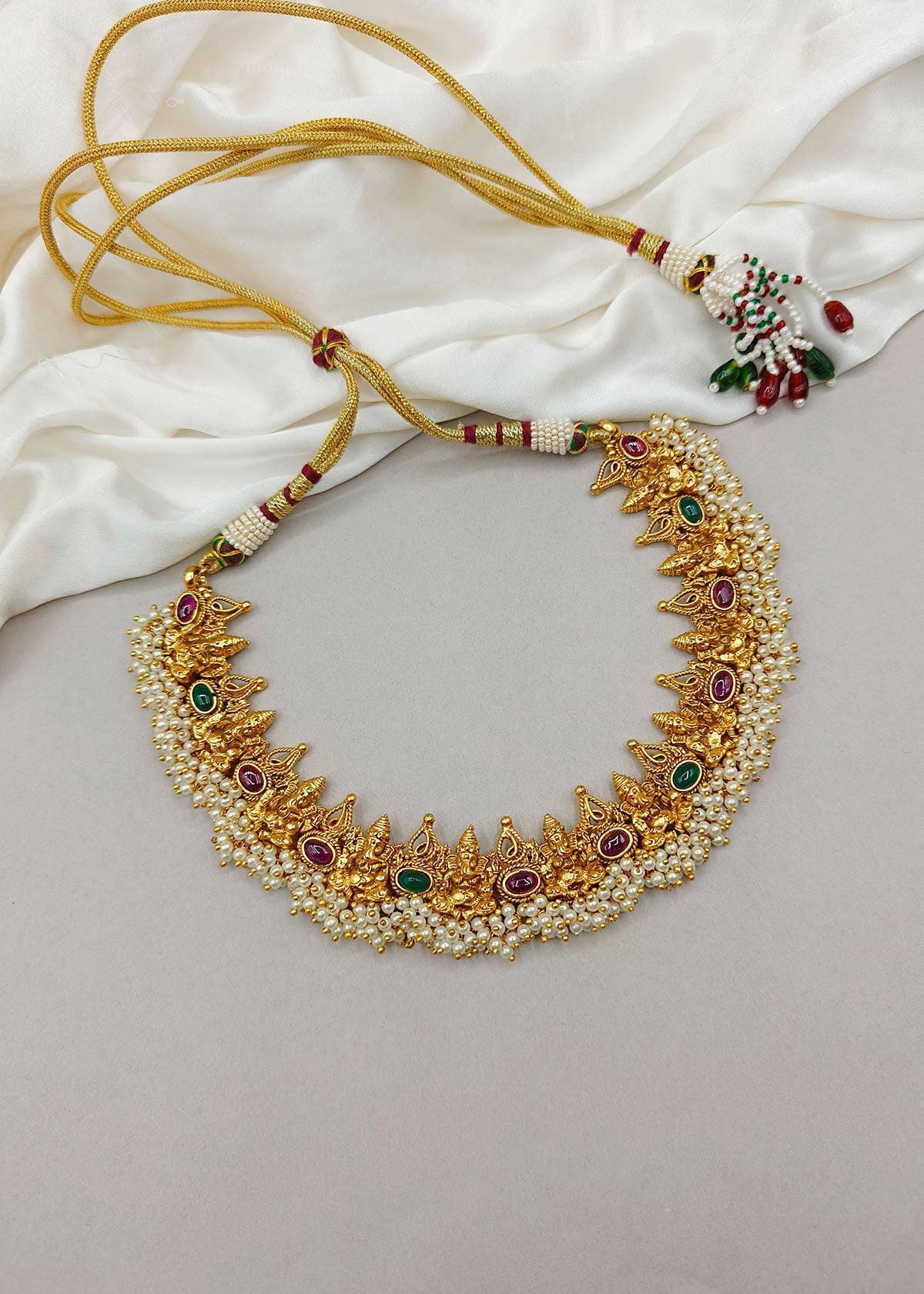 Traditional Antique Gold Plated Ganpati Design With Pearl Short Temple Necklace Set