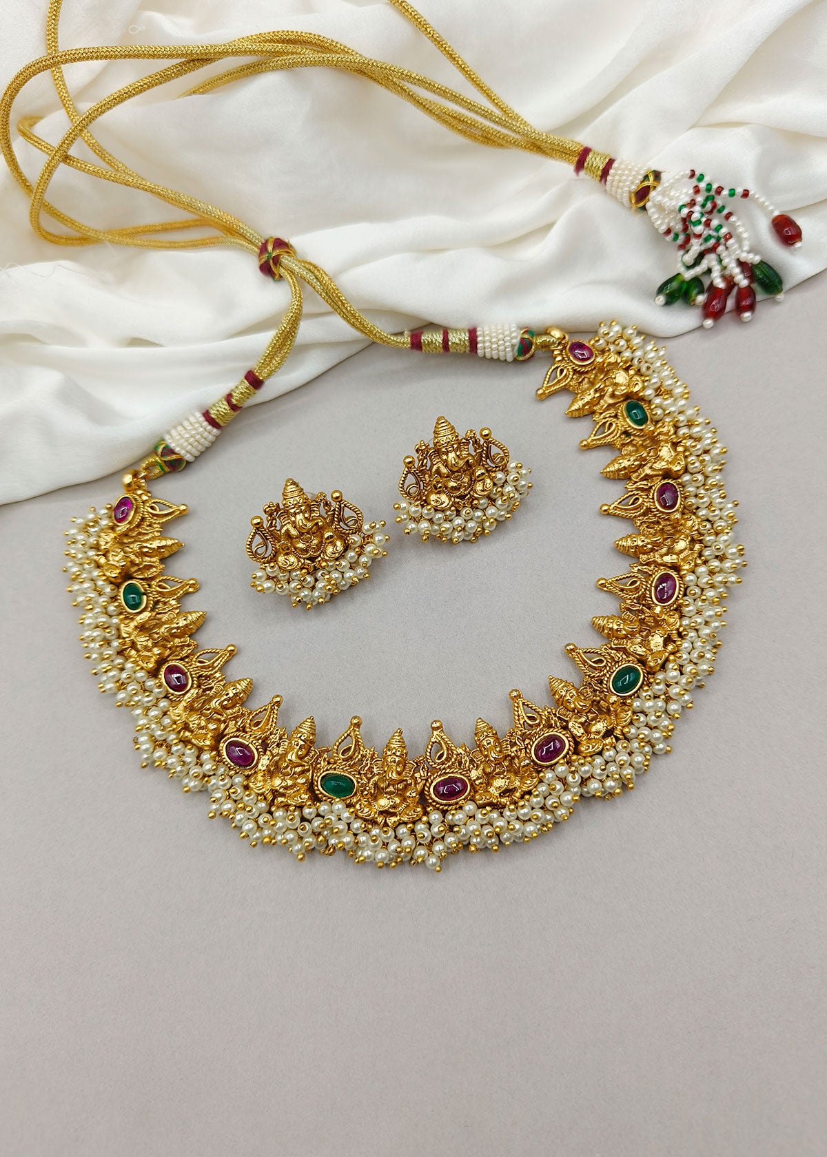 Traditional Antique Gold Plated Ganpati Design With Pearl Short Temple Necklace Set