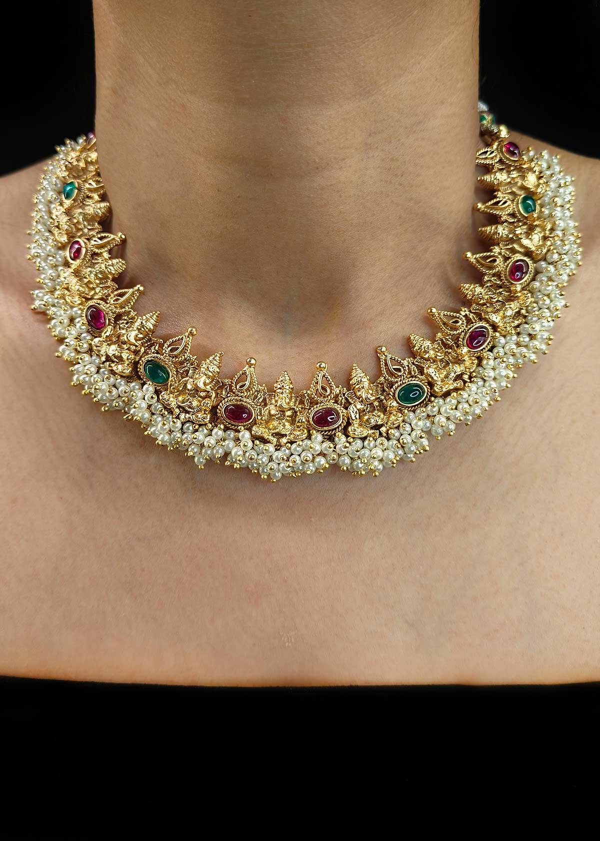 Traditional Antique Gold Plated Ganpati Design With Pearl Short Temple Necklace Set