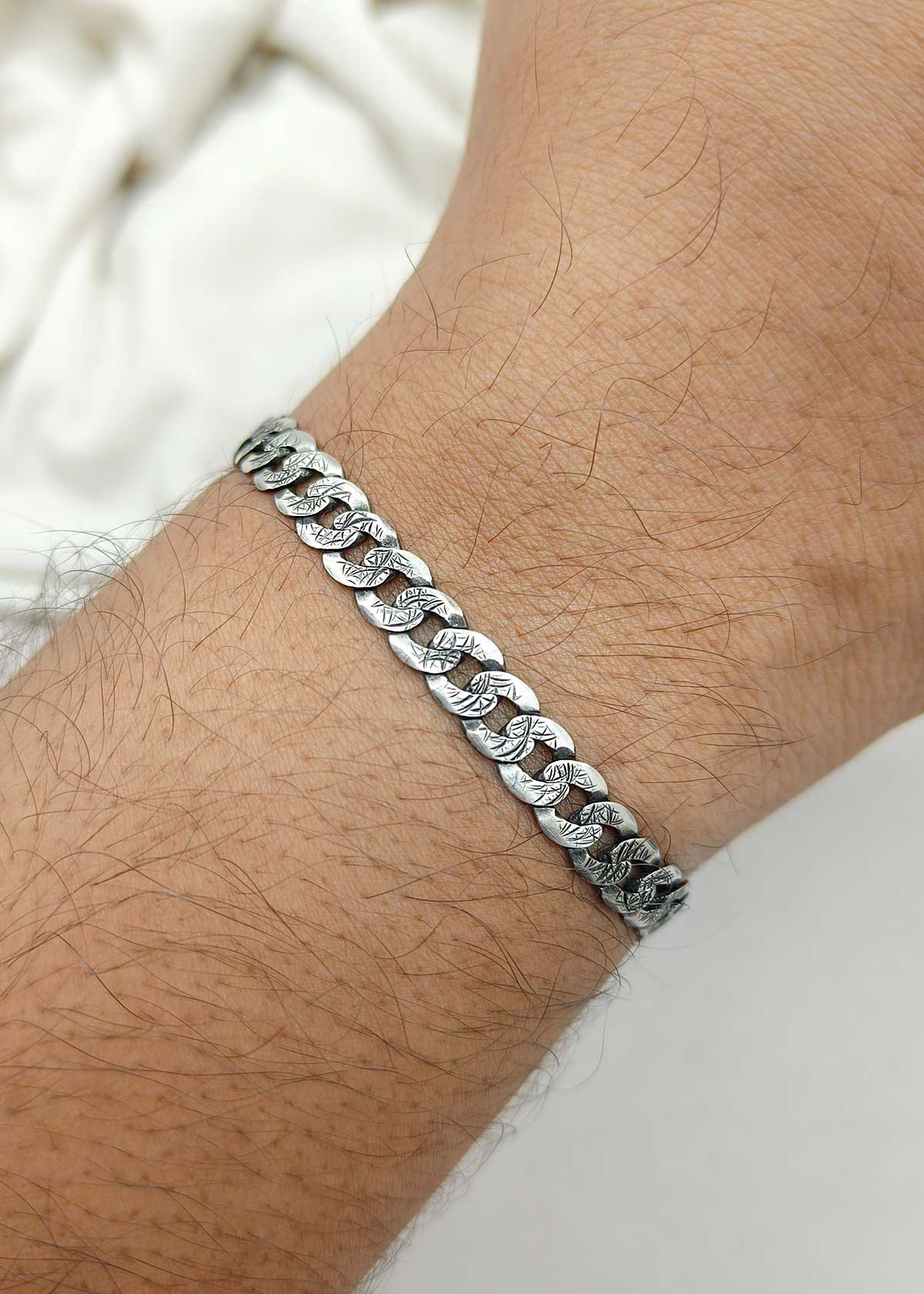 92.5 Sterling Silver Textured Link Loose Bracelet For Men