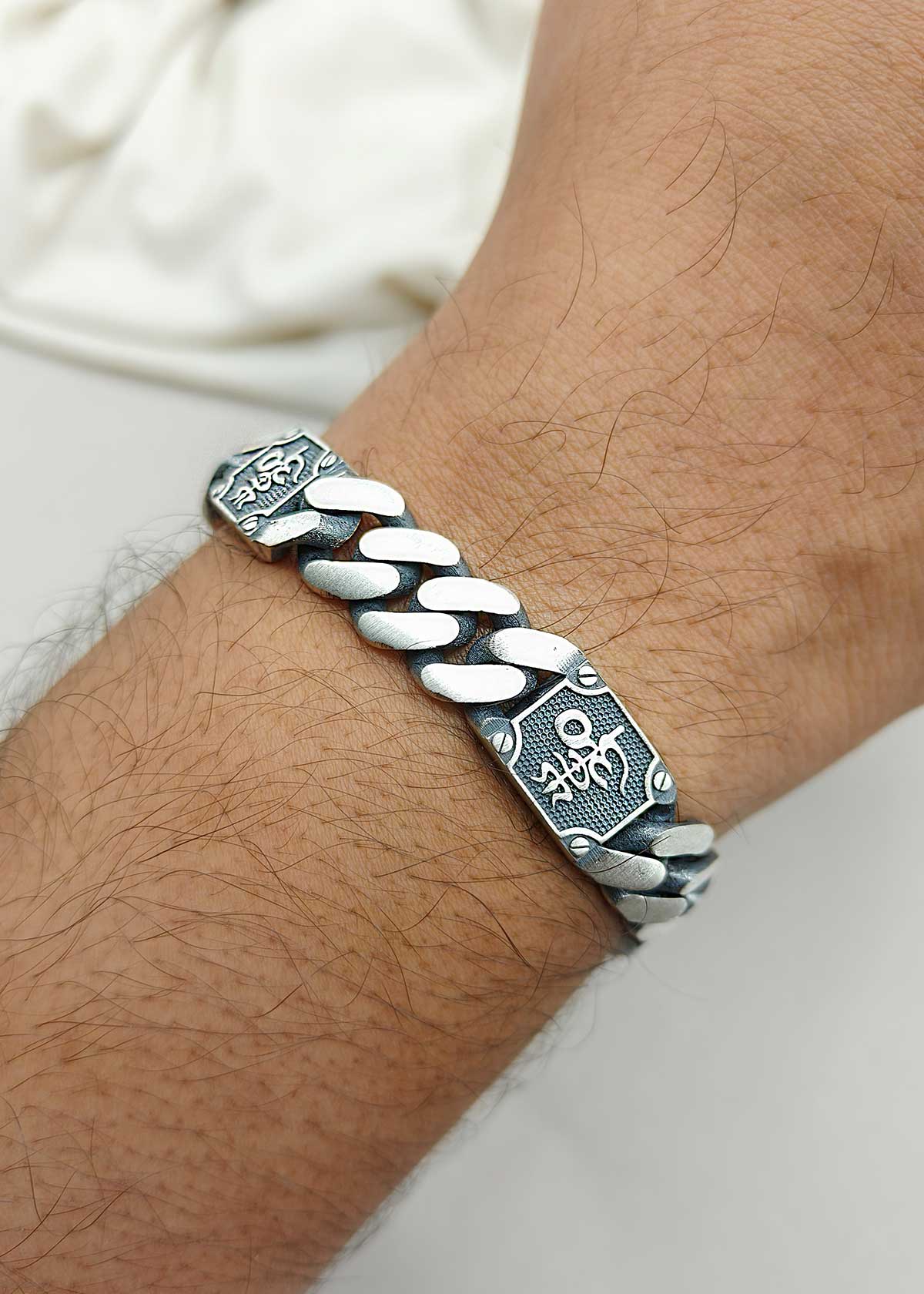 92.5 Sterling Silver Trishul & Om Design Heavy Loose Bracelet For Men
