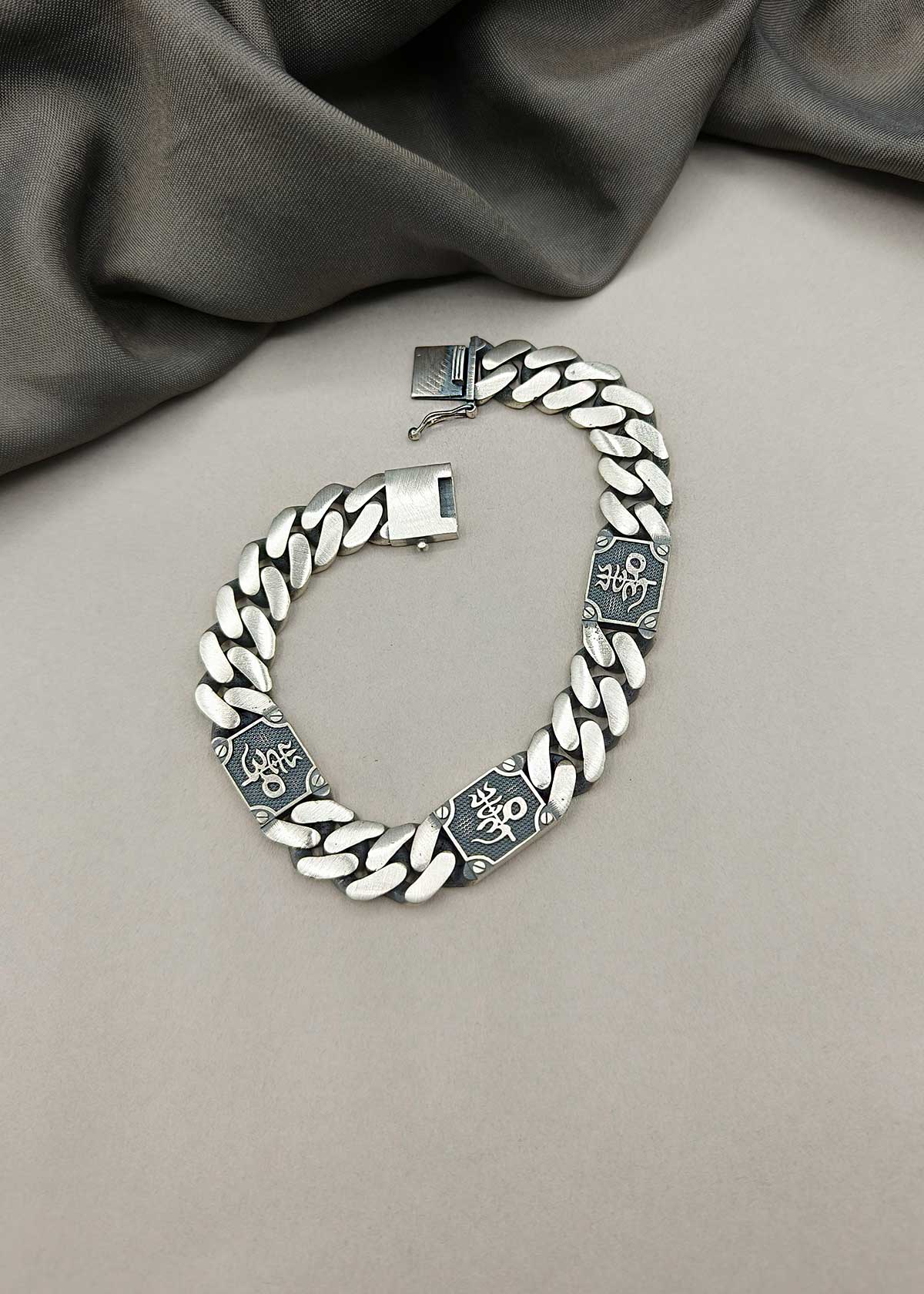 92.5 Sterling Silver Trishul & Om Design Heavy Loose Bracelet For Men