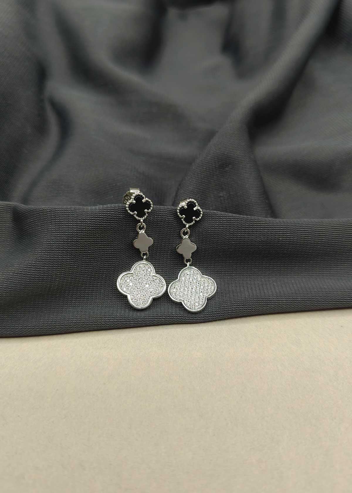 92.5 Sterling Silver Van Cleef Inspired Clover Design With Cubic Zircon Earring For Women