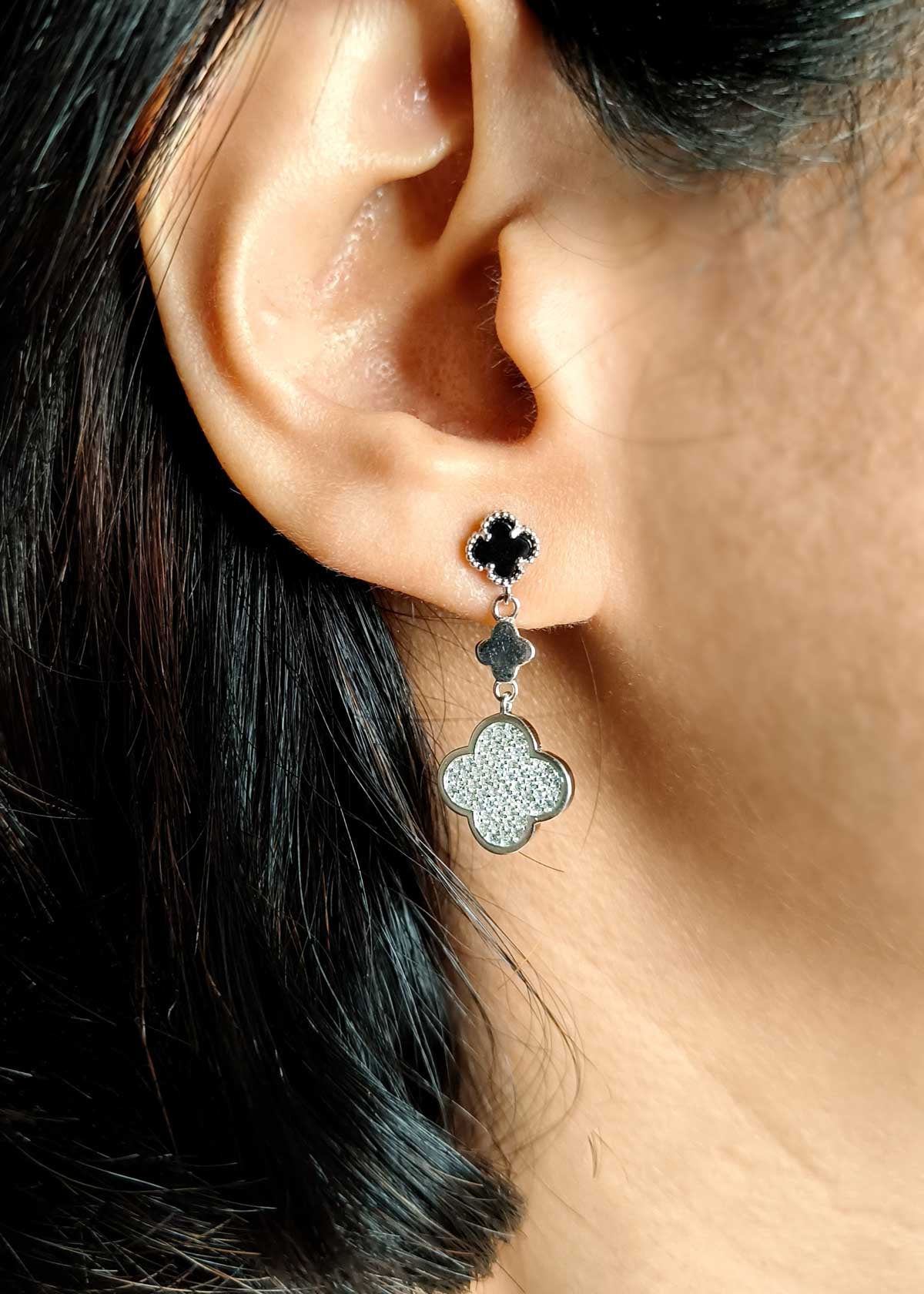 92.5 Sterling Silver Van Cleef Inspired Clover Design With Cubic Zircon Earring For Women