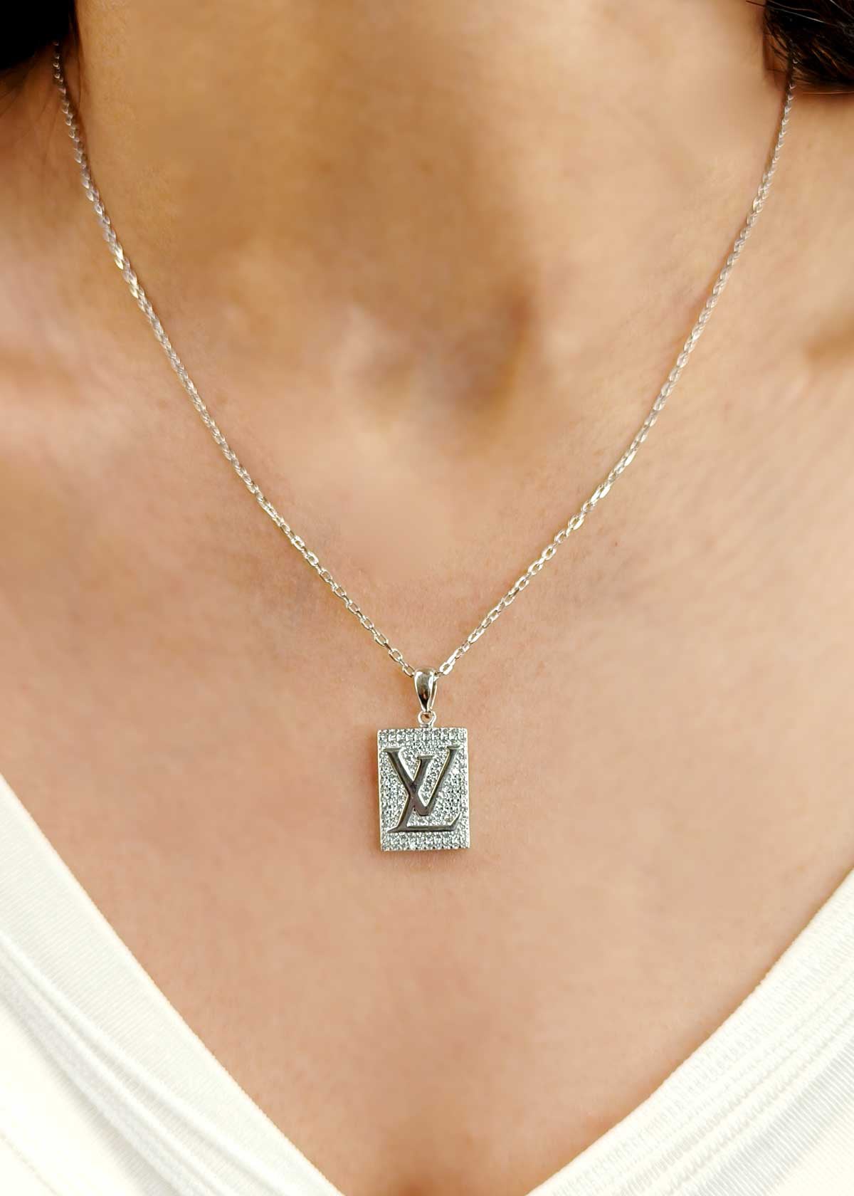 Louis Vuitton Inspired 92.5 Sterling Silver Cubic Zircon Pendant Set With Chain