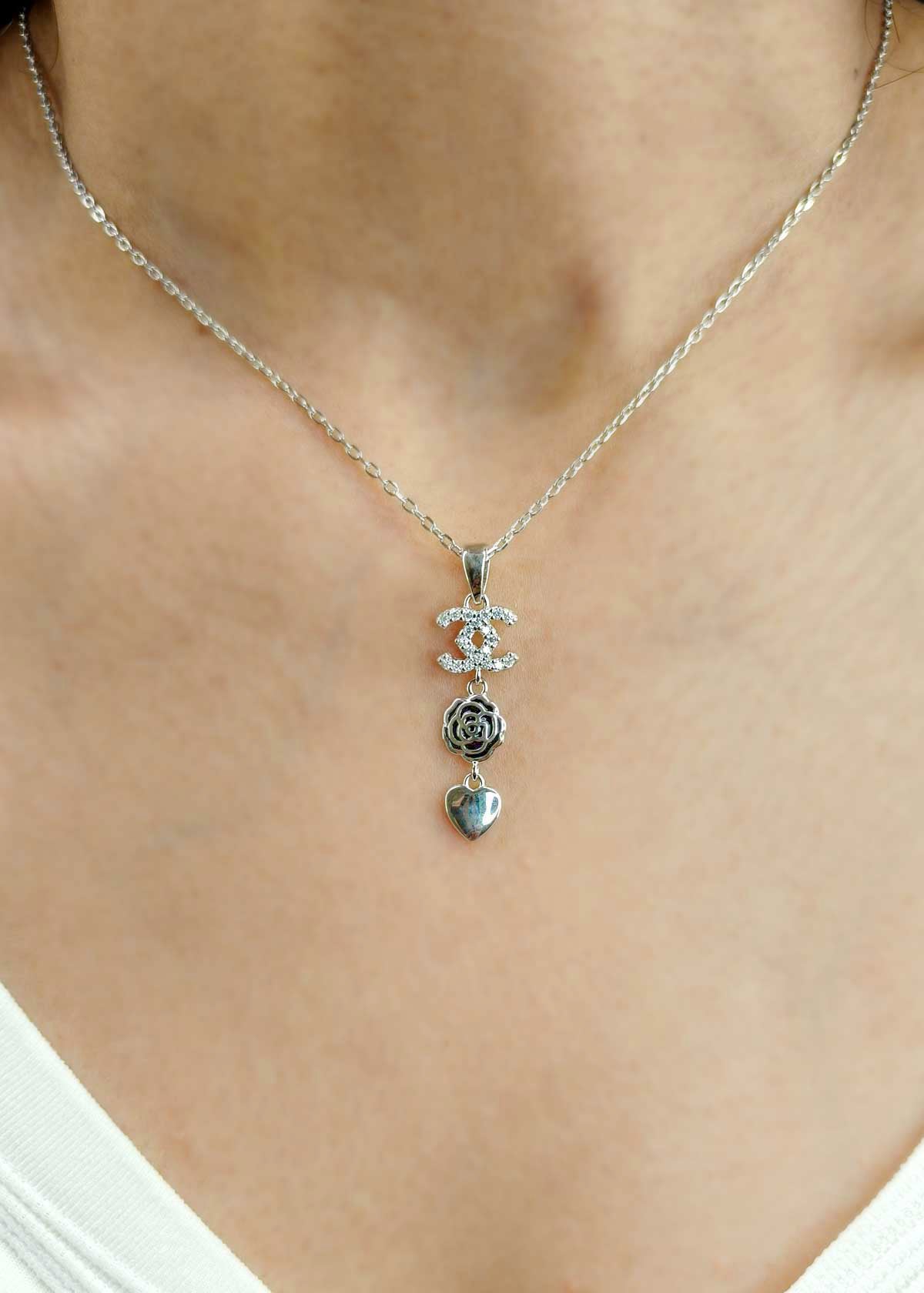 92.5 Sterling Silver Cubic Zircon Chanel Inspired Triple Drop Delicate Pendant Set With Chain For Women