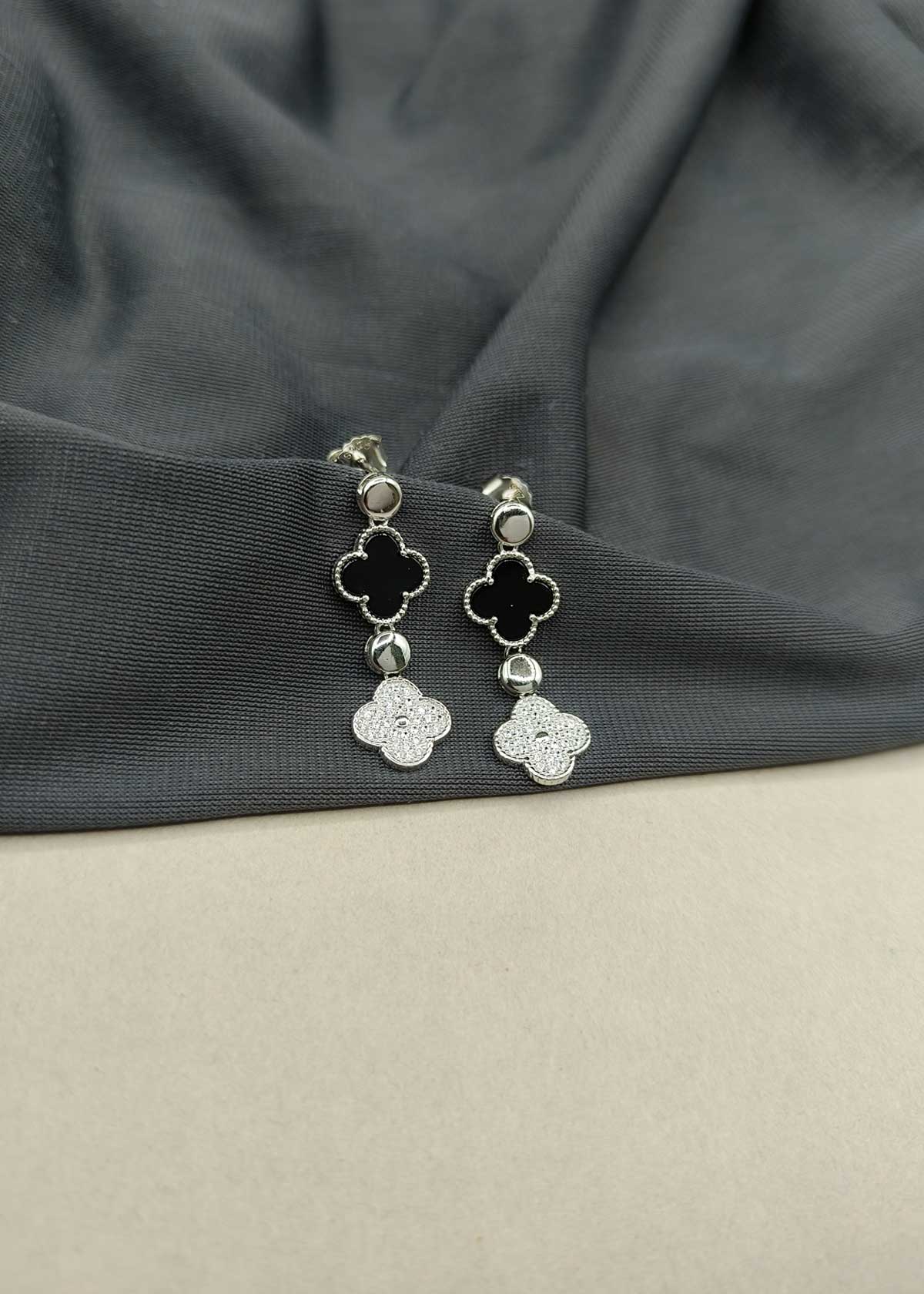 92.5 Sterling Silver Van Cleef Inspired Two Layer Clover Design With Cubic Zircon Stone Earrings For Women