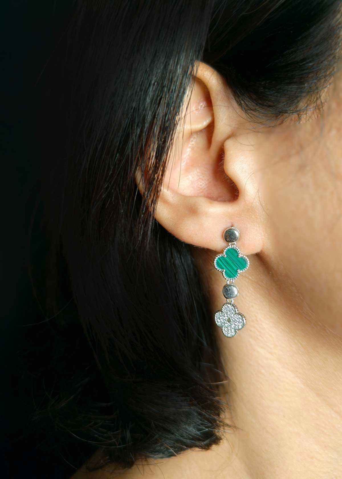 92.5 Sterling Silver Van Cleef Inspired Two Layer Clover Design With Cubic Zircon Stone Earrings For Women
