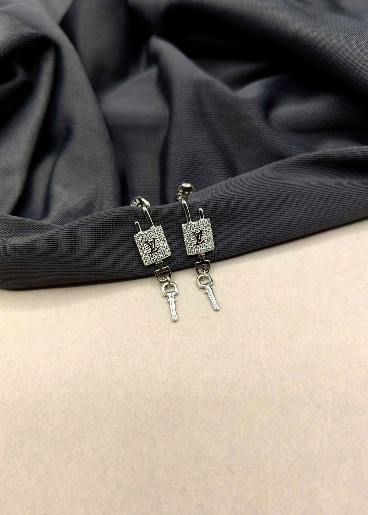 92.5 Sterling Silver Louis Vuitton Inspired Lock And Key Design Earrings For Women