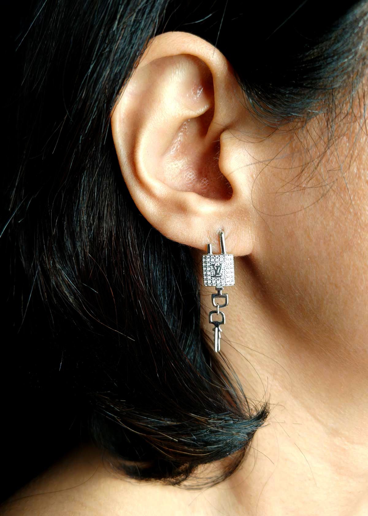 92.5 Sterling Silver Louis Vuitton Inspired Lock And Key Design Earrings For Women