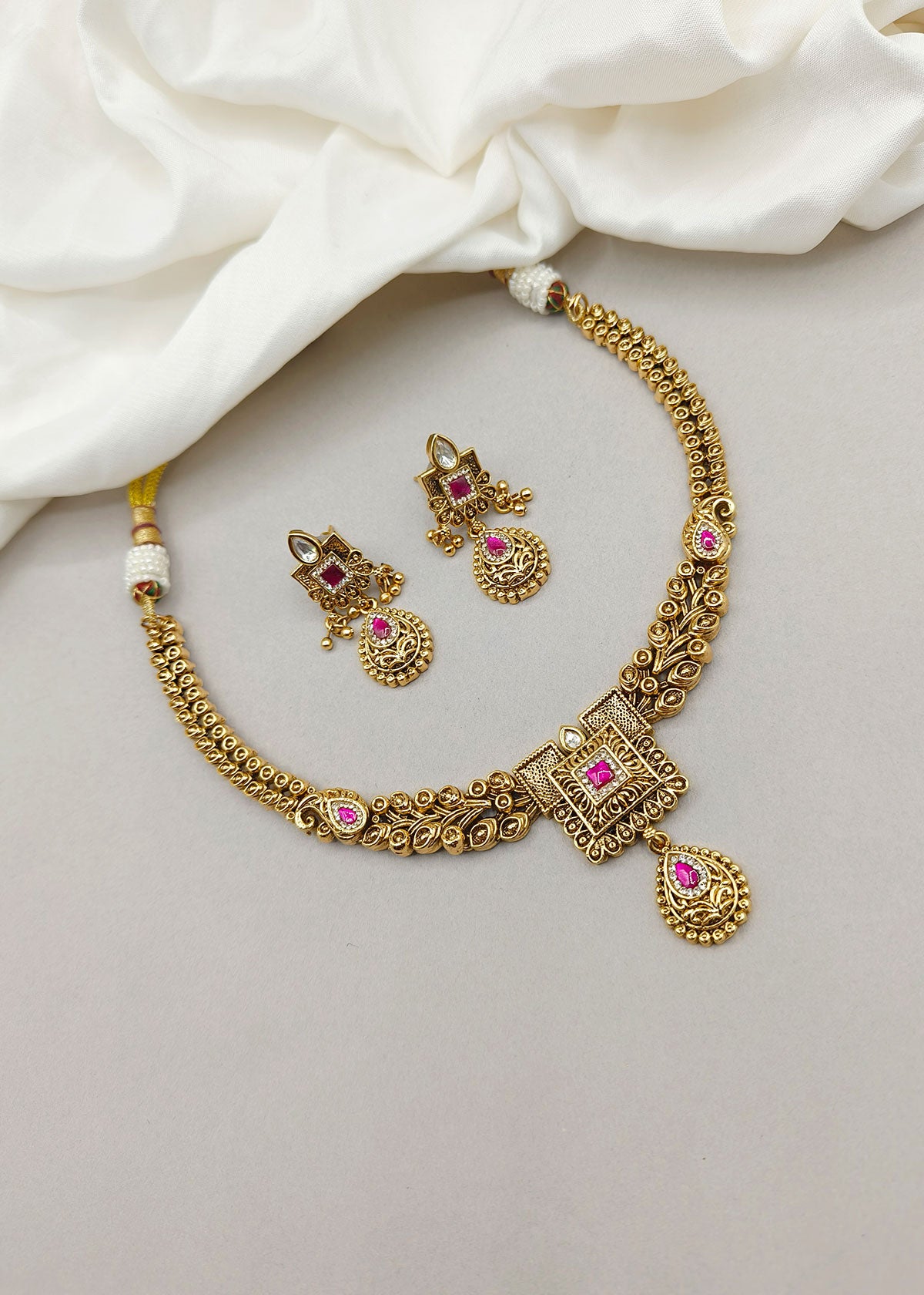 Traditional Antique Gold Plated Pink Leaf Designer Short Temple Necklace Set