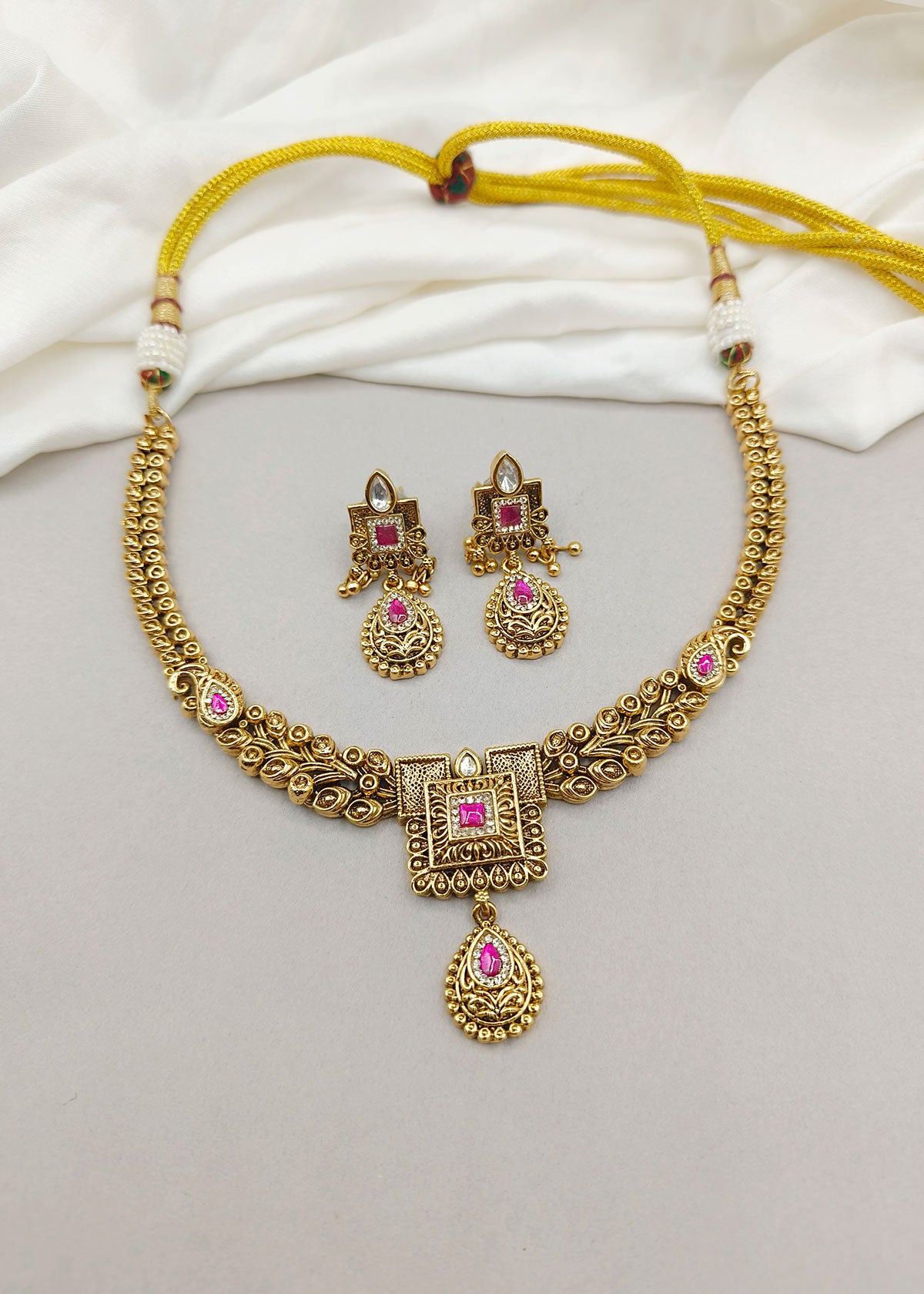 Traditional Antique Gold Plated Pink Leaf Designer Short Temple Necklace Set