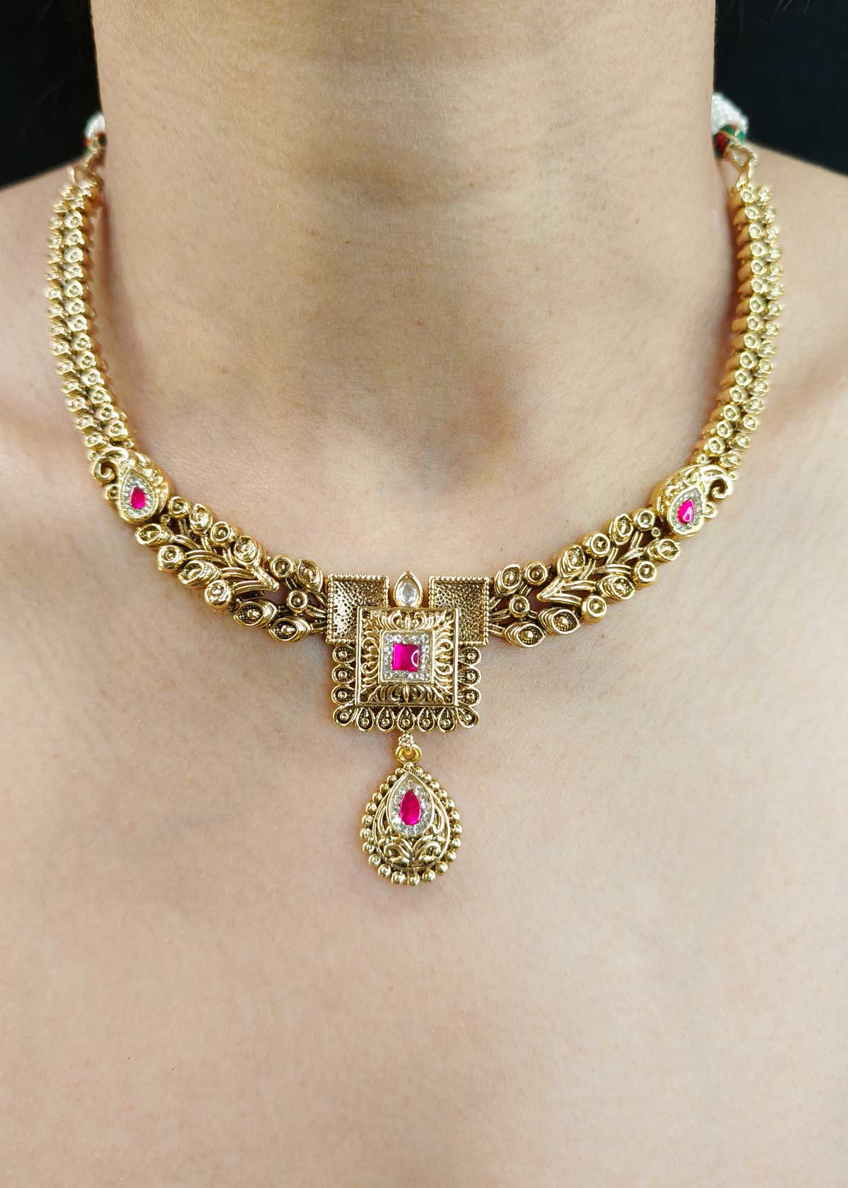 Traditional Antique Gold Plated Pink Leaf Designer Short Temple Necklace Set