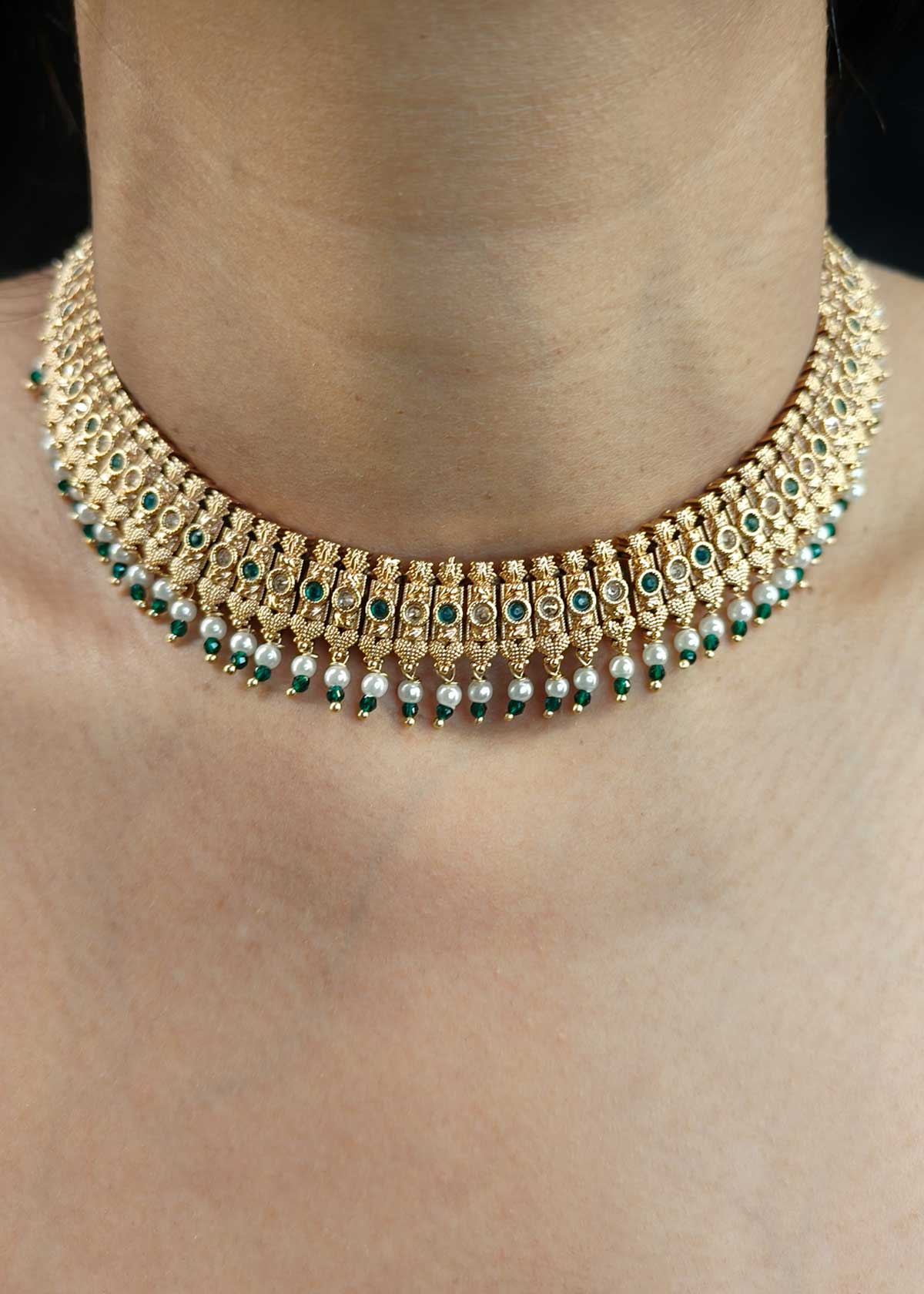 Traditional Antique Gold Plated With Green Stone Short Necklace Set
