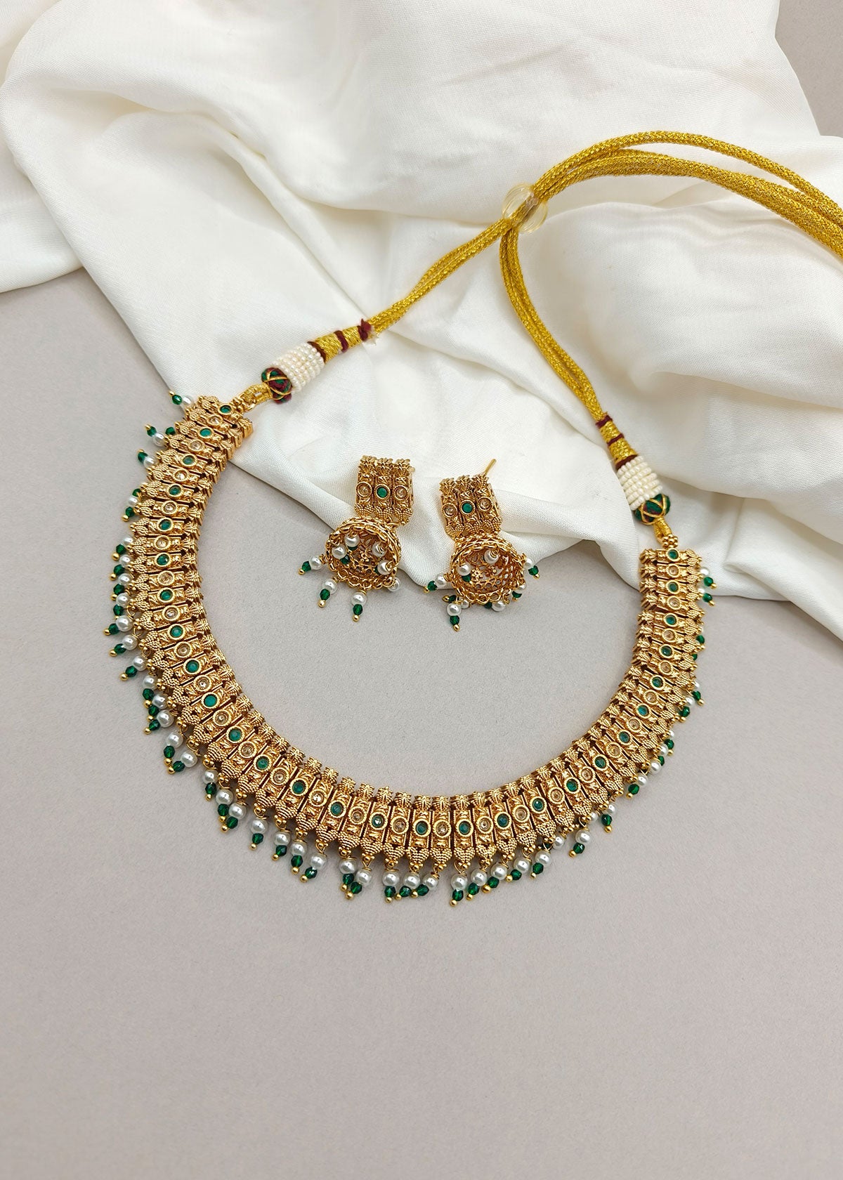 Traditional Antique Gold Plated With Green Stone Short Necklace Set